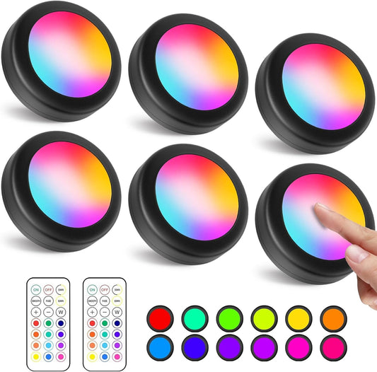 Wireless Under Cabinet Lights with Remote, 12 Colors LED Under Cupboard Lighting, Round Stick-on Display Shelf Cupboard, RGB Puck Lights, 6 Pack