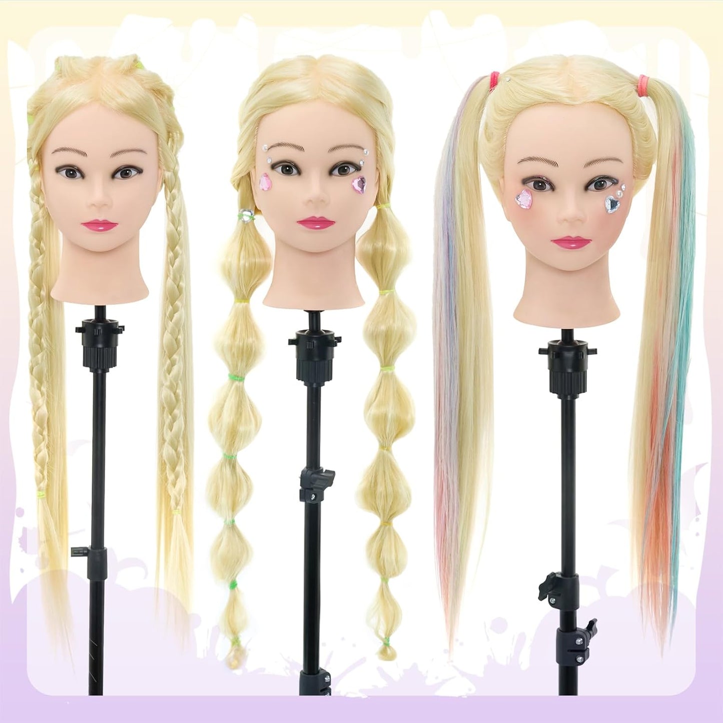 Synthetic Fiber Hair Training Head Hairdressing Practice Mannequin Manikin with Clamp + Hair Styling Braid Accessoires Set