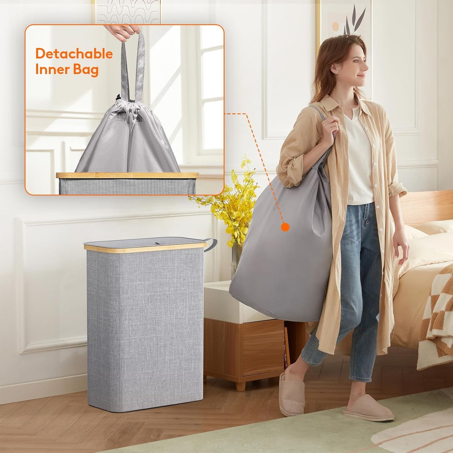 50L Slim Laundry Hamper with Lid, Narrow Laundry Basket with Removable Bag & Bamboo Handles, Fodable Thin Dirty Clothes Hamper for Laundry Collapsible Bin for Bathroom Bedroom Dorm