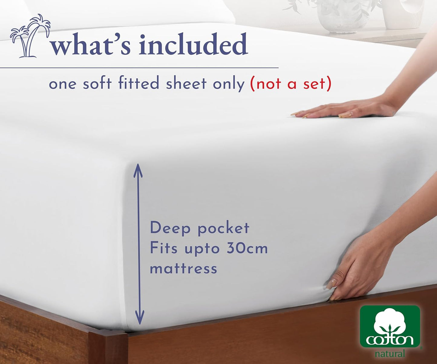 King Size Deep Fitted Sheet Only - Soft 100% Cotton Bed Sheets, Sateen, No-Pop Off Elastic (King, White)