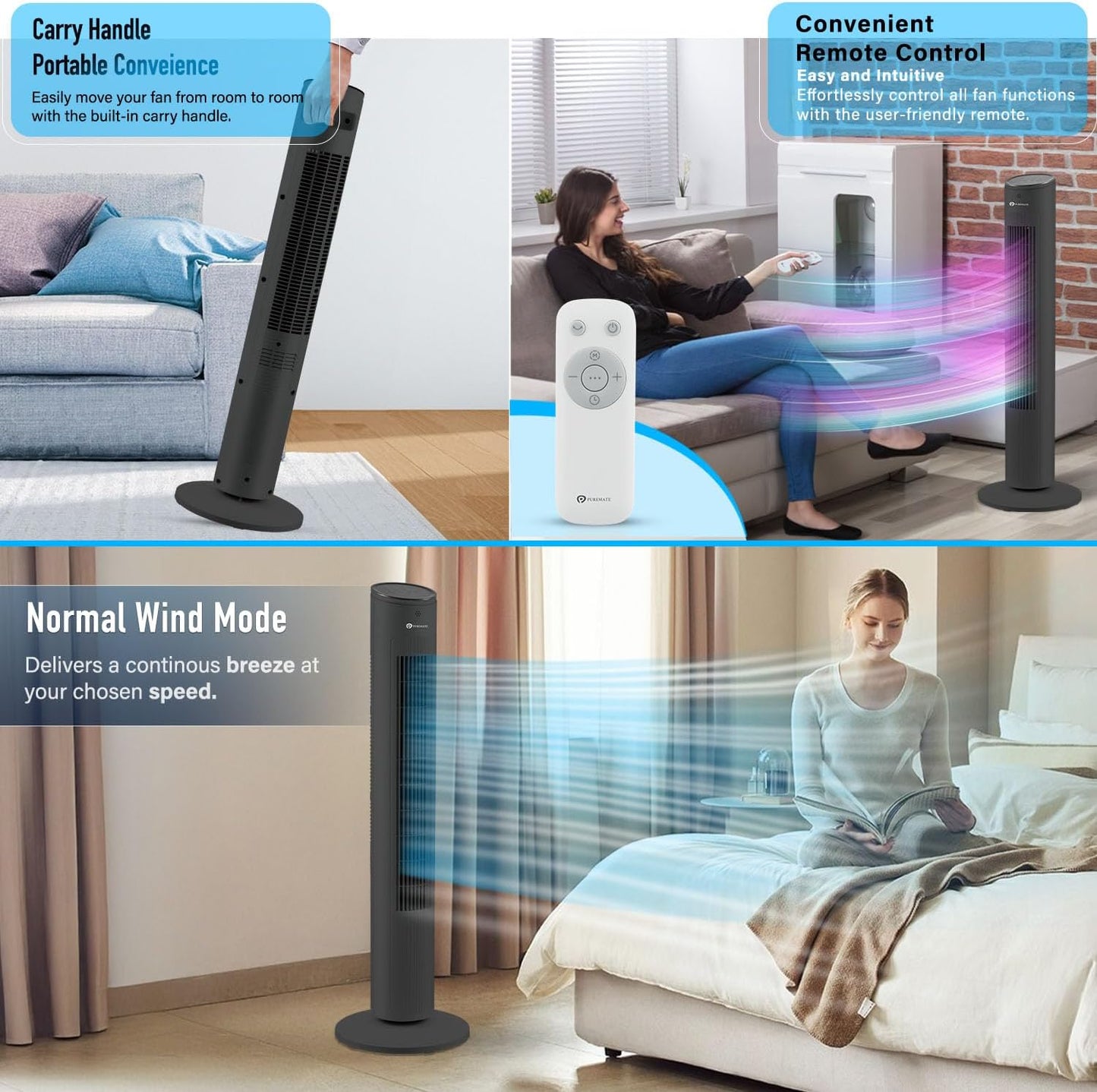 PureMate 43-inch Tower Fan, Oscillating Floor Fan with Remote Control, 3 Speeds Setting, LED Display, 7-Hour Timer, Powerful 40W Electric Standing Fan, Portable Quiet & Ideal for Bedroom