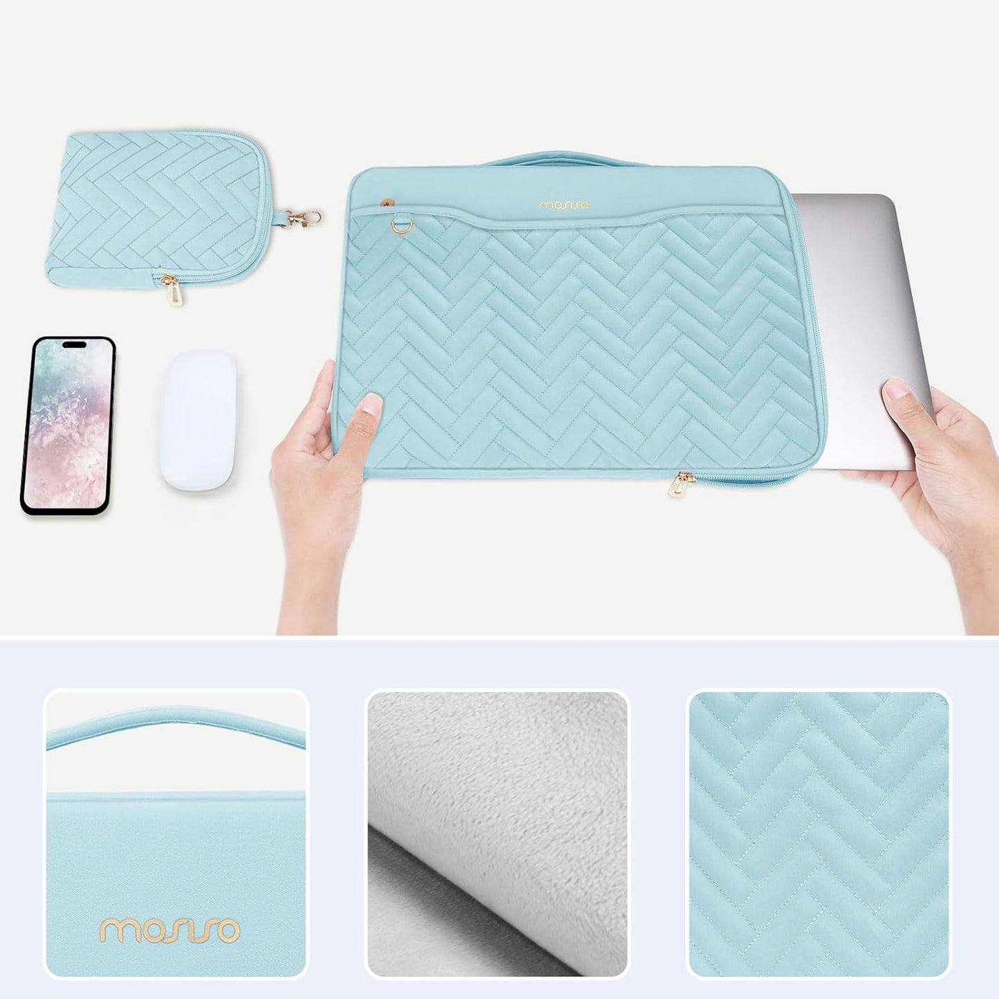 13-14 inch 360 Protective Laptop Case, 13.3 inch Laptop Sleeve Compatible with MacBook Air/Pro 13 13.6/Pro 14, HP, Dell, ASUS, Rectangle Quilted Bag with Handle&Pocket&Small Case, Ice Blue