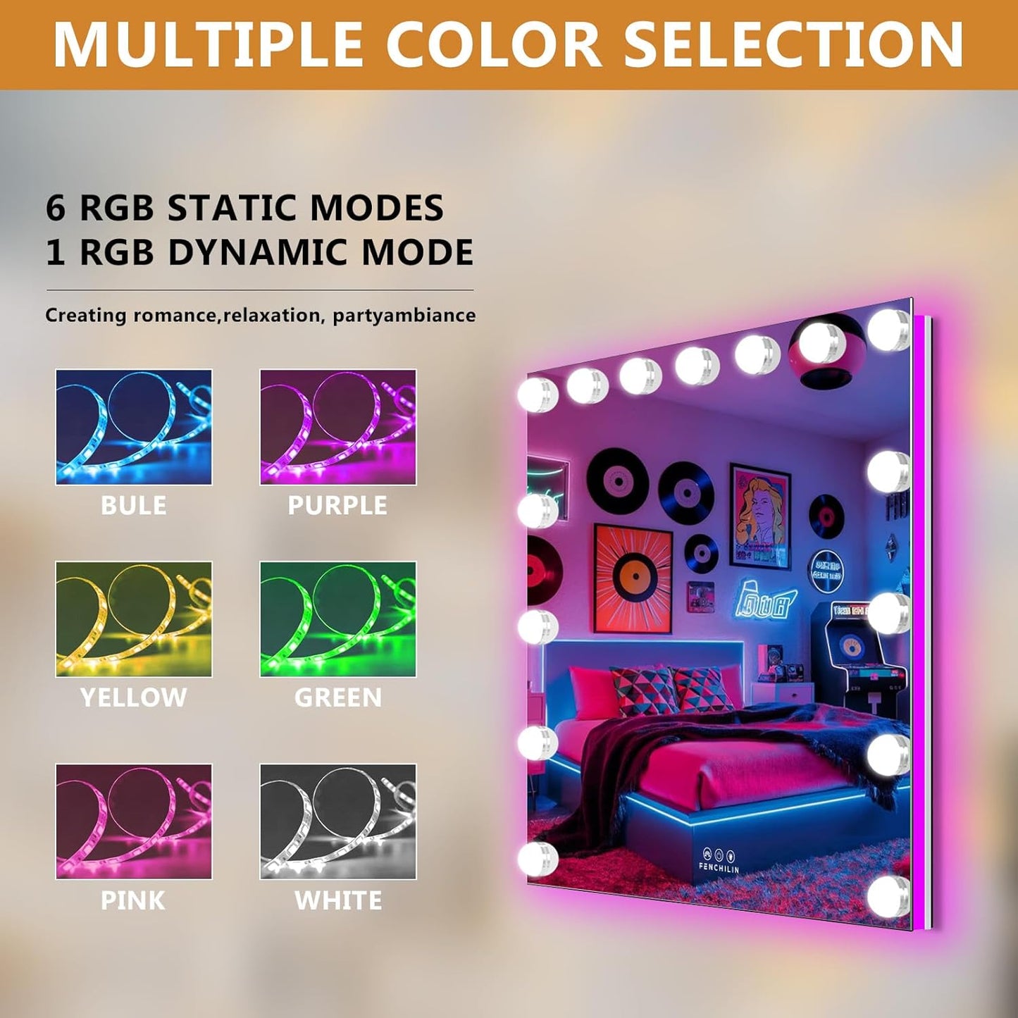 Hollywood Mirror with RGB Backlit 15 LED Vanity Mirror with Lights 3 Lighting Modes Dynamic RGB Backlit Hollywood Vanity Makeup Mirror with Lights Shatterproof for Dressing Table 58x46cm