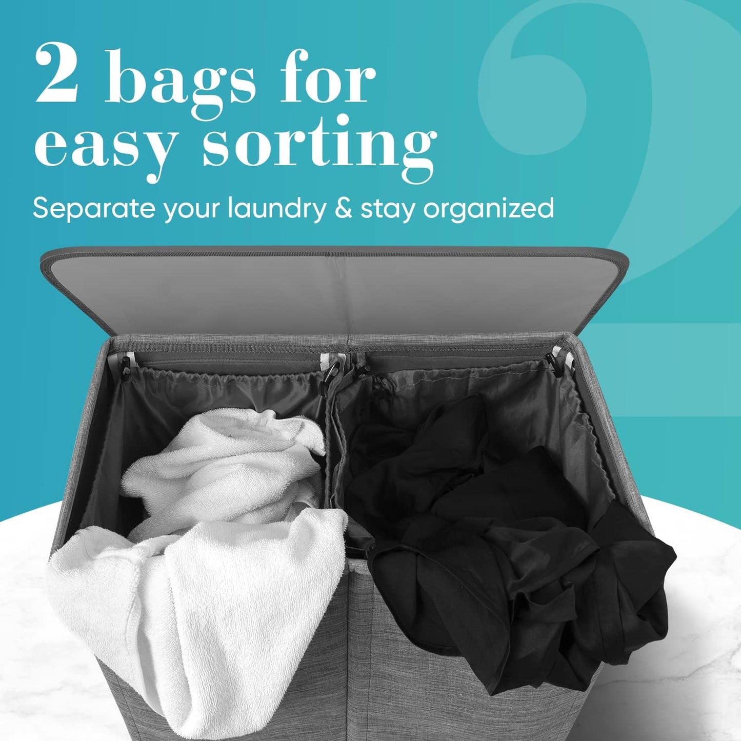 Double Laundry Basket with Lid & Removable Laundry Bags, 2 Compartments Washing Basket, 145L Large Laundry Hamper, Collapsible Laundry Bin Storage Basket Grey