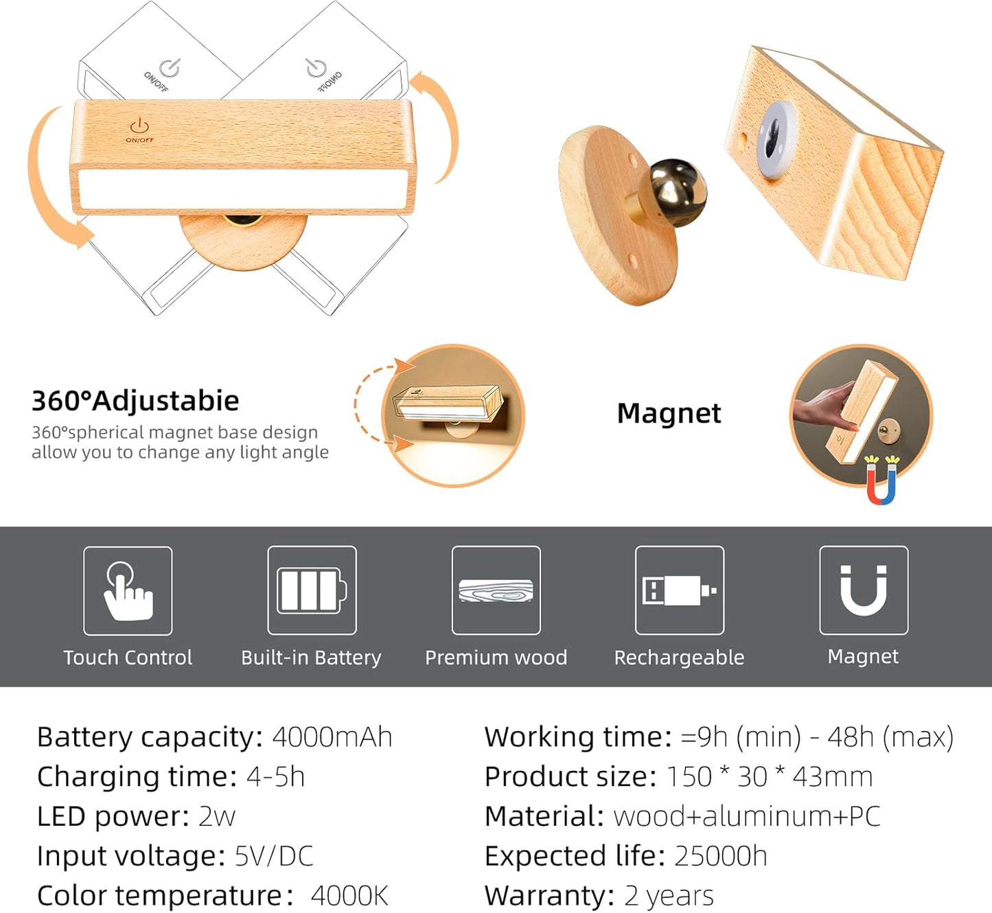 Wall Light, Reading Light Wall Mounted, Battery Operated Wall Lights Buit-in 4000mAh Large Battery, 360° Free Rotation, 98 Brightness Levels