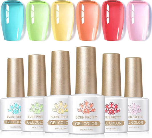 Summer Crystal Gel Nail Polish Set - Pastel Colors Blue Red Green Yellow Pink - Soak Off UV Gel Polish Kit 6PCS