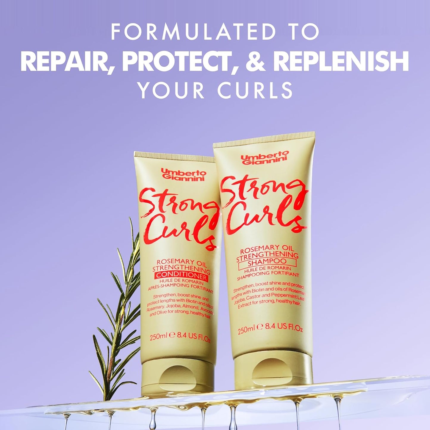 Strong Curls Rosemary Oil Strengthening Shampoo & Conditioner Duo 250ml x 2 - With Biotin - Sulphate Free + Vegan