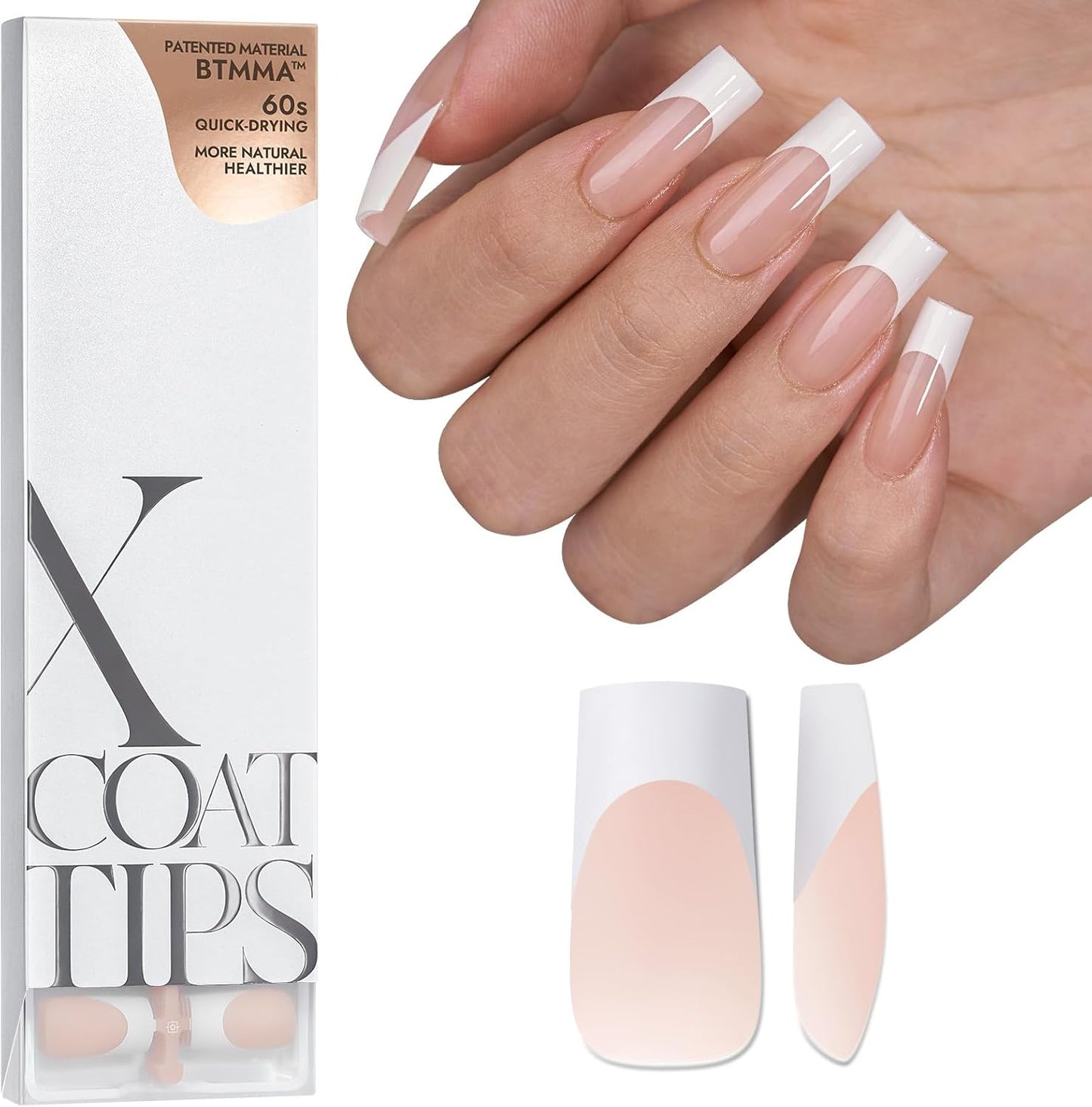 French Tip False Nails - XCOATTIPS Long Square Nail Tips, Nude Press on Nails, Pre-applied Tip Primer & Base Coat Cover