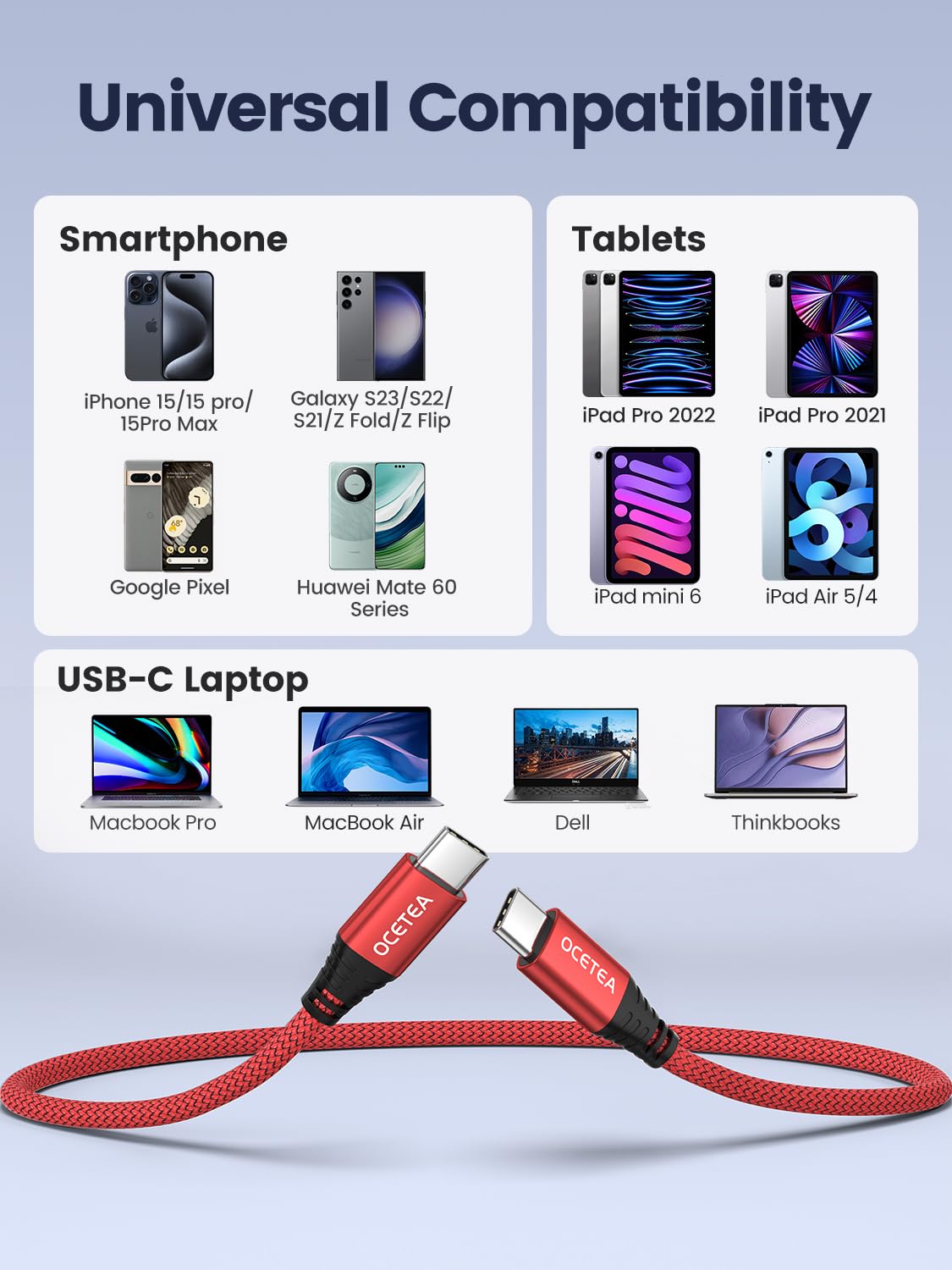 2M USB C Charger Cable - 3.1A Fast Charge for iPhone 15/15 Pro Max, MacBook Pro, iPad Pro, Galaxy S23/S24, Pixel