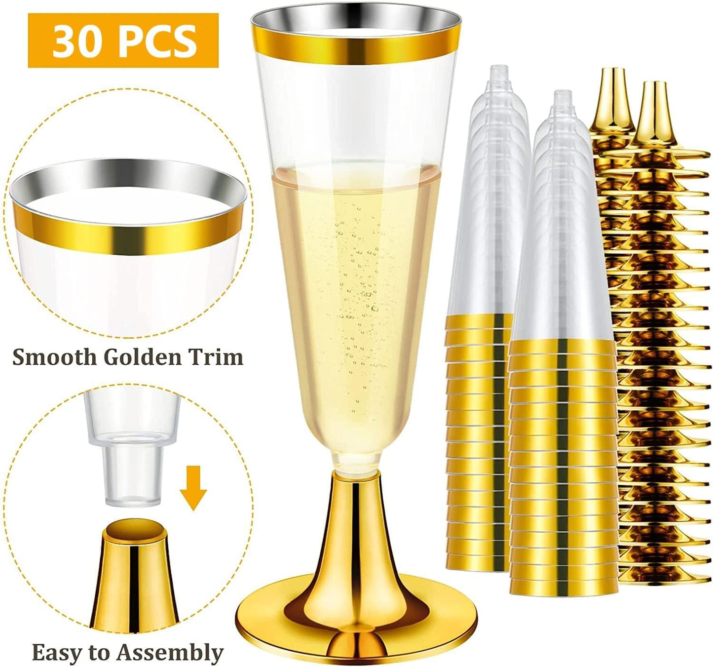 30Pcs Plastic Champagne Flutes, 150ml Gold Champagne Glasses Reusable Stemmed Party Wine Cups for Garden Wedding Anniversary Shower Parties