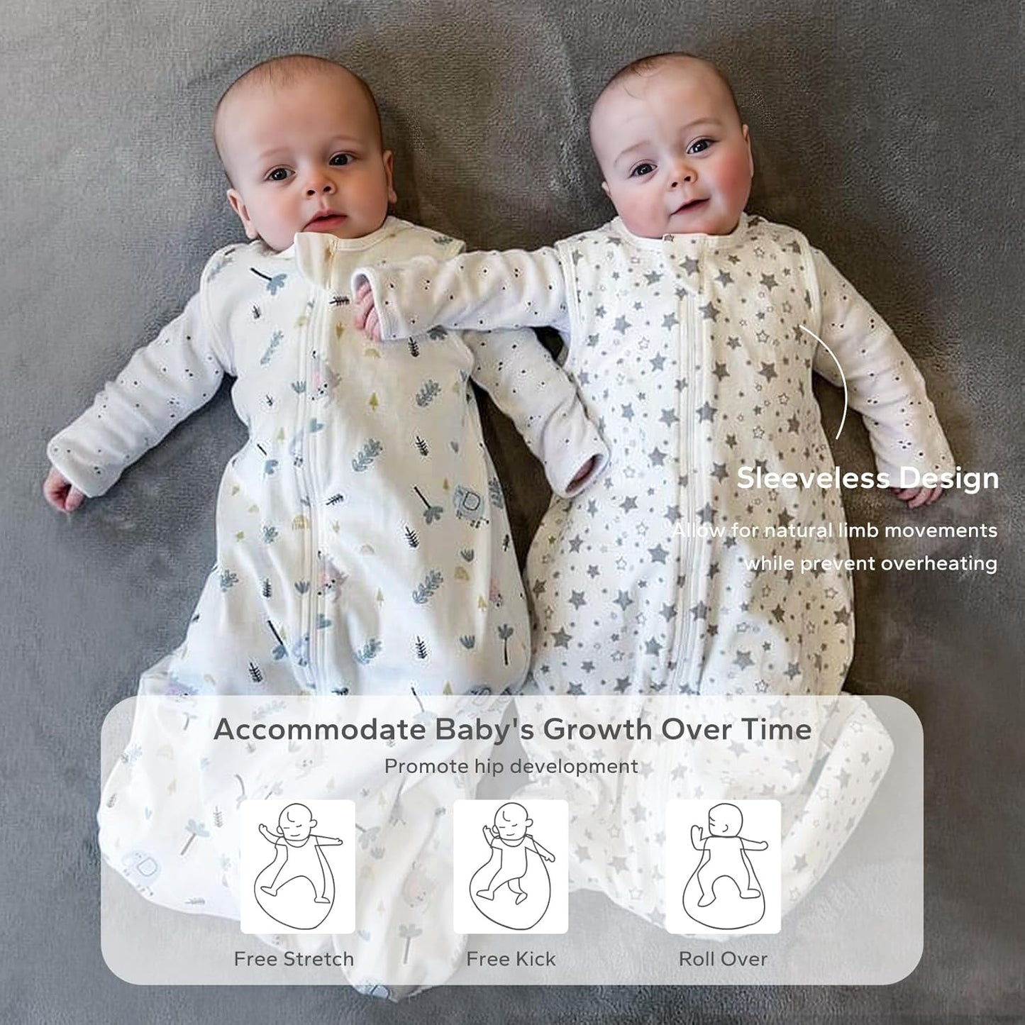 Baby Sleeping Bag 0.5 Tog 0-6 Months 100% Cotton Summer Sleeping Bag Baby 2 Pack Sleep Sack Elephants & Stars