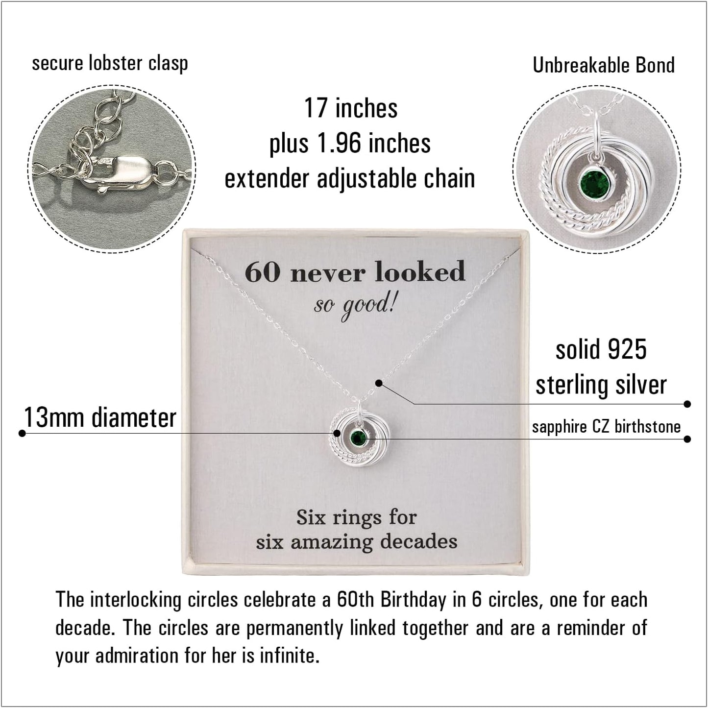 60th Birthday Gifts for Women Jewellery, 925 Sterling Silver Sapphire Birthstone Necklace, Six Rings for Six Decades