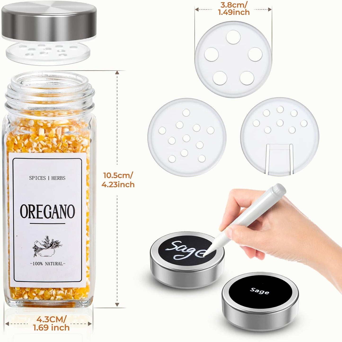 Round Spice Jars with Stainless Steel Lids, 120ml Kitchen Spice Containers with Label , Pen, Hose Brush, 2 Silicone Funnels, for Home Kitchen Spice, Seasonings, Condiments, Herbs Storage