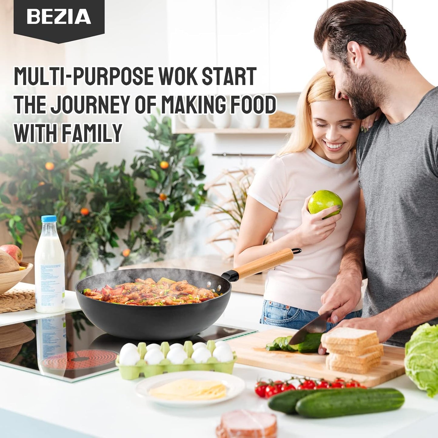 Nonstick Wok with Lid 30cm, Induction Wok Pan with Flat Bottom, 12inch Stir-Fry Pan and Non Stick Frying Pan, Removable Wooden Handle, Compatible All Stoves, Black (12421B)