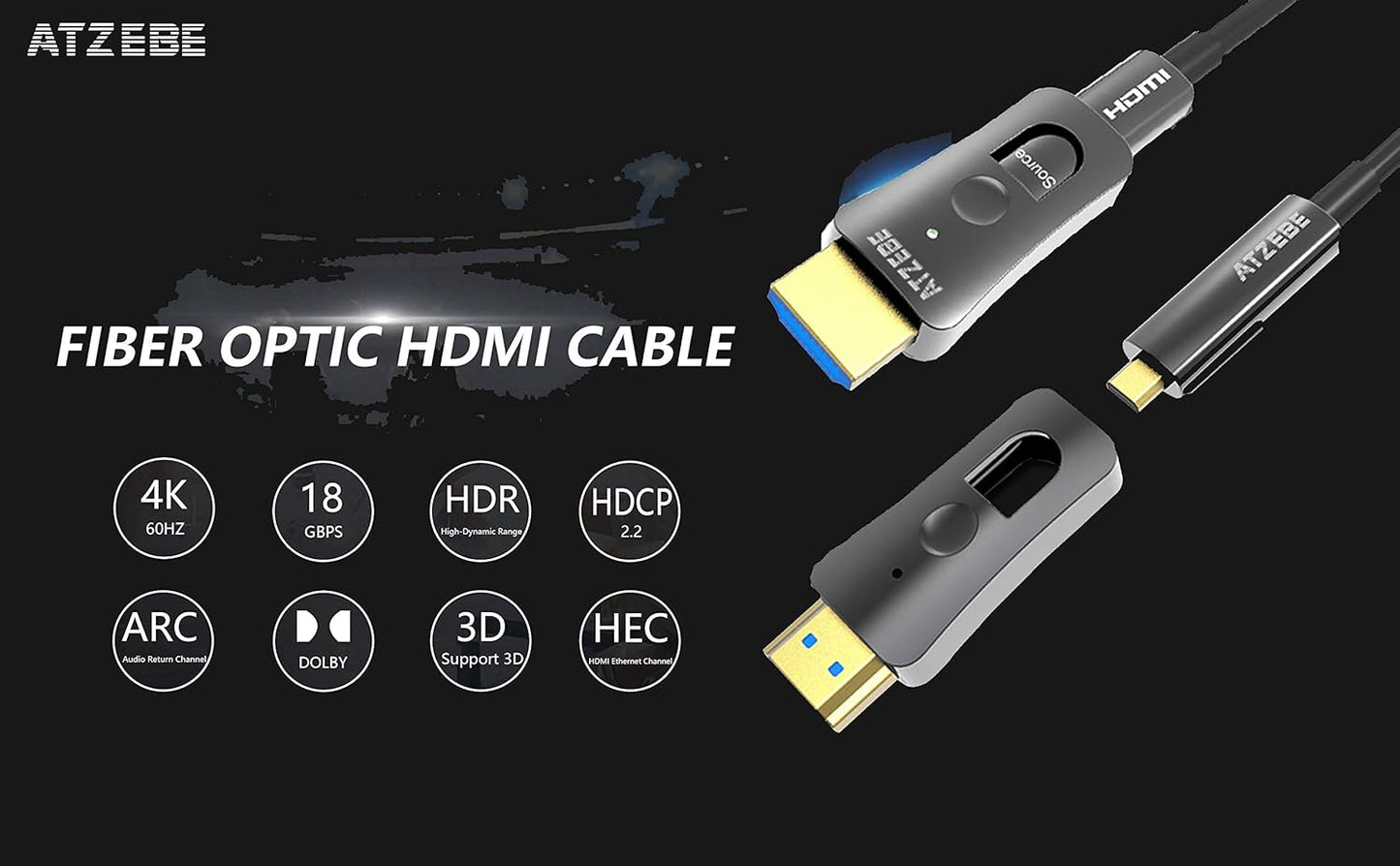 15M HDMI Cable, Fibre Optic HDMI Cable Support UHD 4K@60Hz HDR, High Speed 18Gbps, YCbCr 4:4:4 8bit, 3D, ARC, HEC, CEC, HDCP 2.2 with Dual Standard HDMI and Micro HDMI Connectors