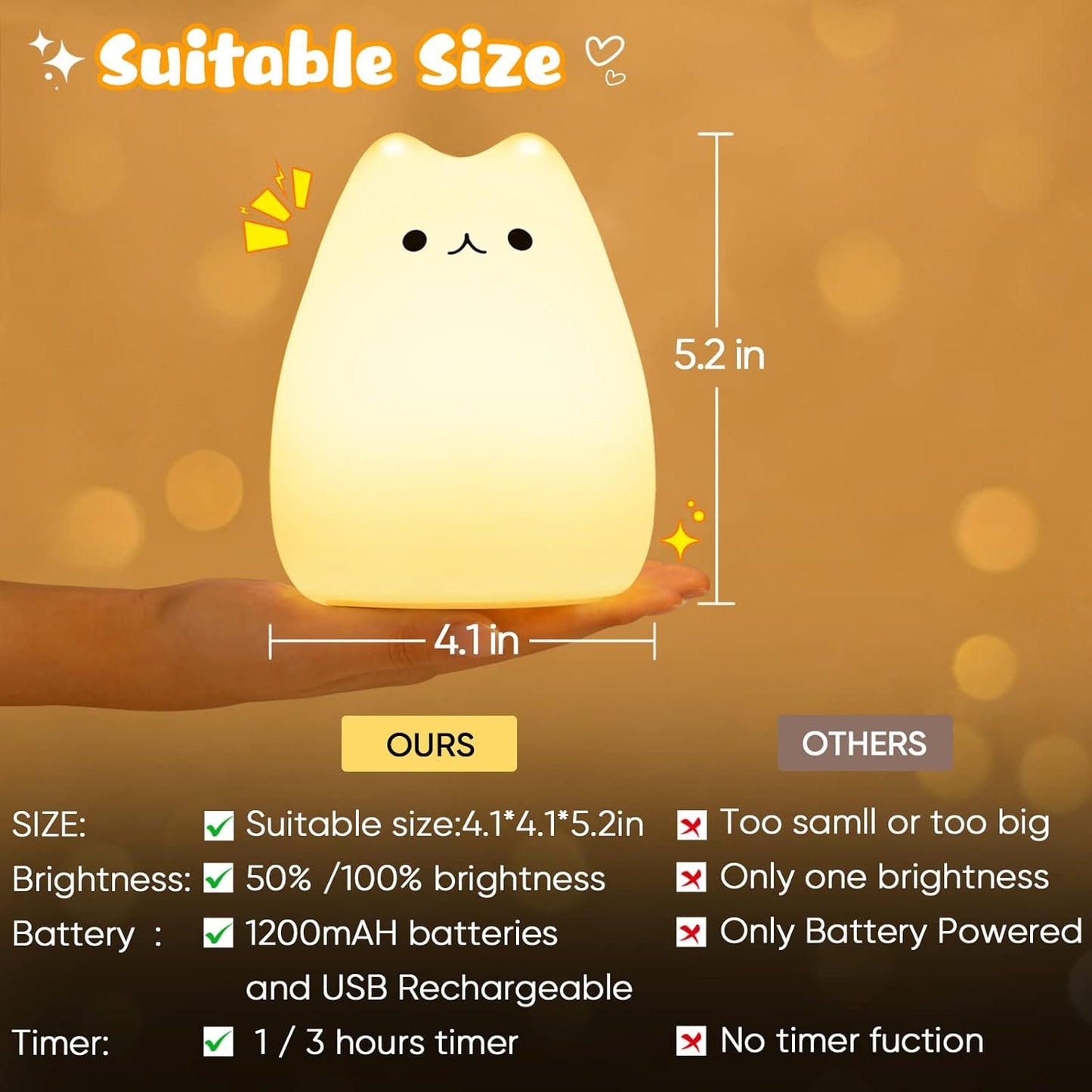 Cat Night Light - Kids Nightlight, Squishy Cute Lamp with Timer & 7 Colors, Rechargeable Bedside Lamp for Toddler & Baby