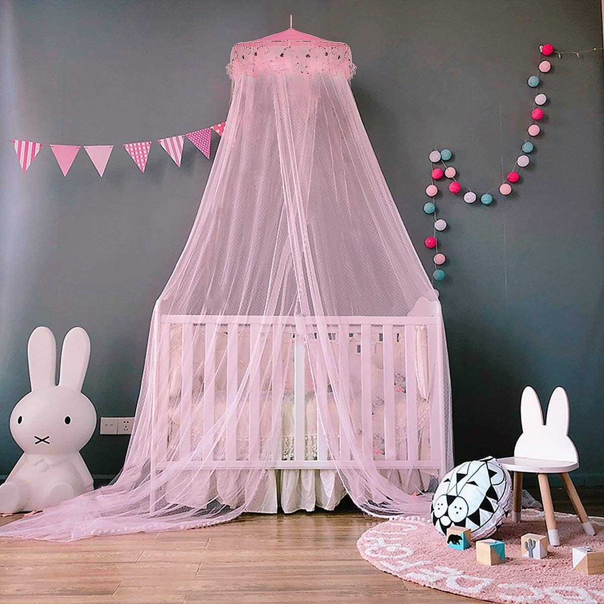 Mosquito Mesh Net Large Dome Hanging Canopy for Girls With Round Lace for Punch-free Installation - Single to Double Bed - Ideal for Bedroom Decorative