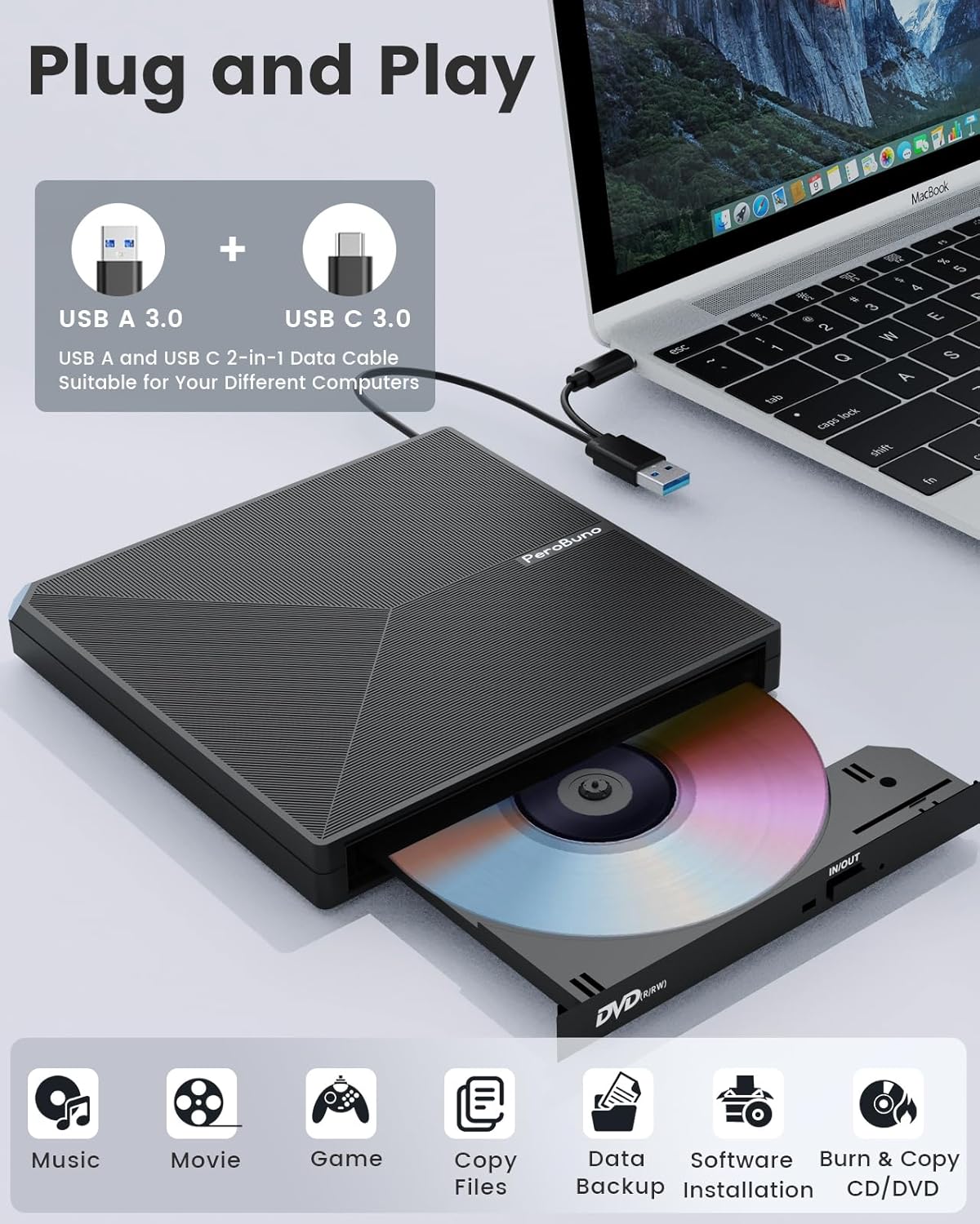 External CD DVD +/-RW Drive USB 3.0 USB C Portable CD/DVD Player Burner Reader Writer Optical CD ROM Disk Drive for Laptop Desktop PC Mac MacBook Pro/Air Windows Linux OS