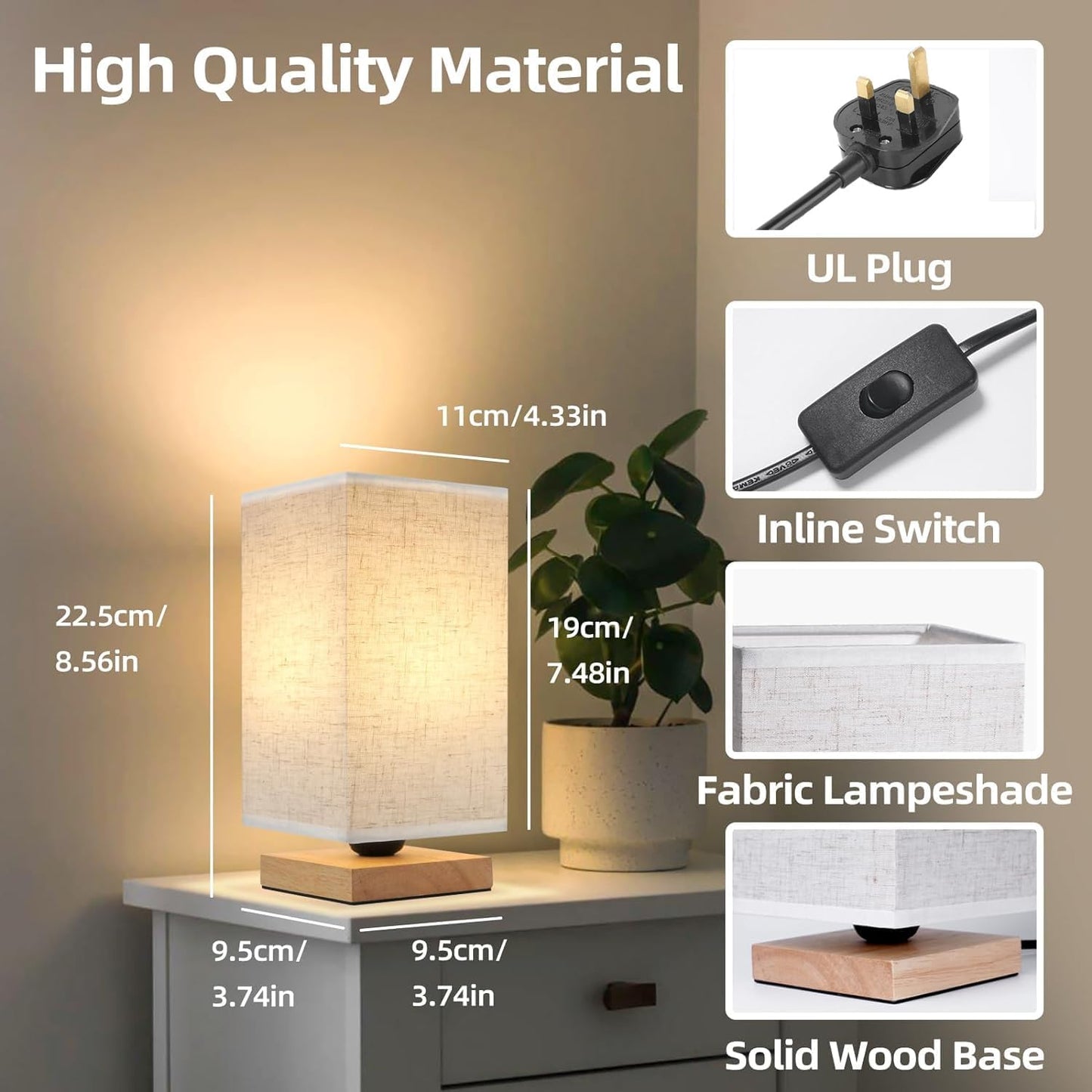 Table Lamp Small Bedside Lamp Minimalist with Rectangle Fabric Shade Natural Wooden Base