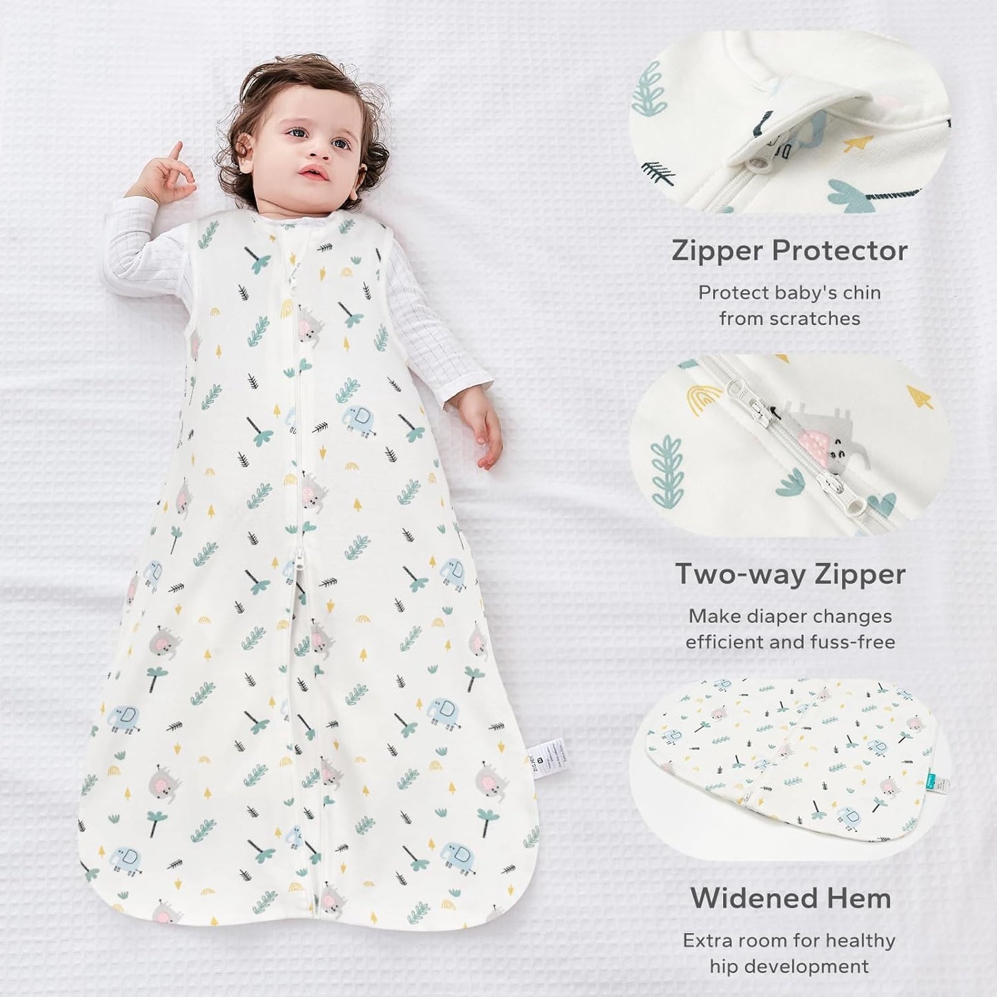 Baby Sleeping Bag 0.5 Tog 0-6 Months 100% Cotton Summer Sleeping Bag Baby 2 Pack Sleep Sack Elephants & Stars