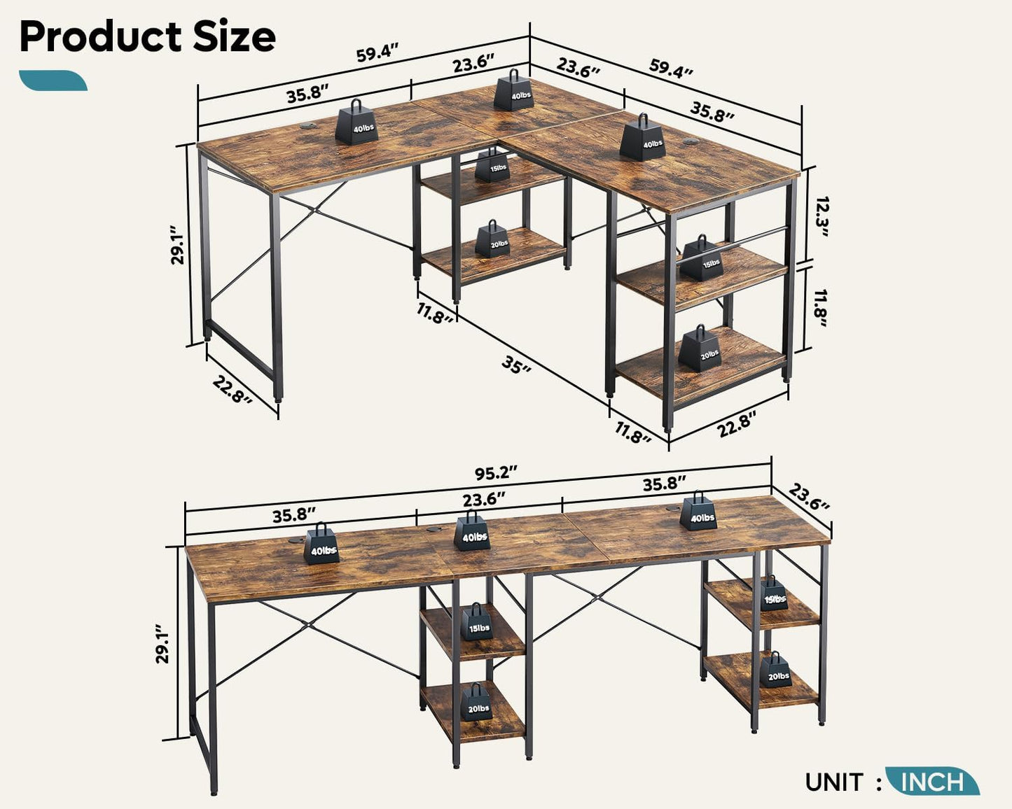 150CM Reversible L Shaped Desk with Shelves Industrial Corner Desk 240CM Long Table Computer Workstation with 3 Cable Holes