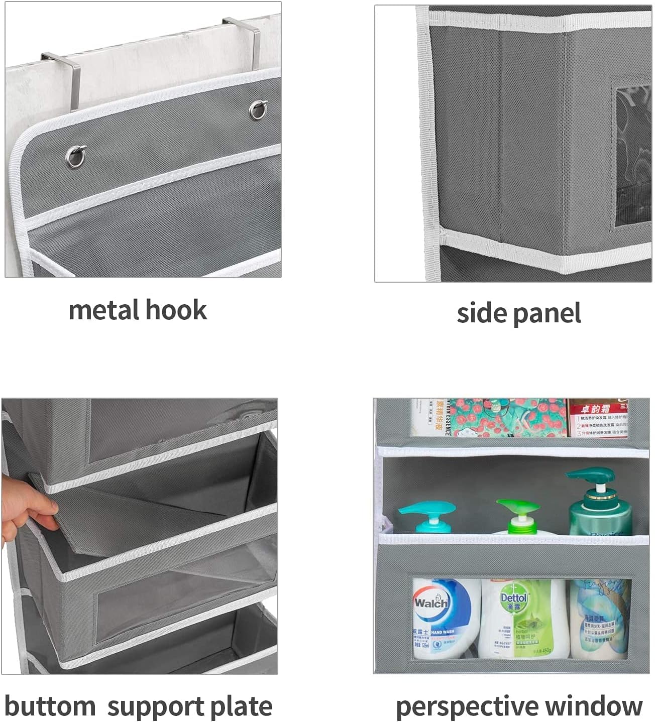 Over Door Storage Hanging Organiser - 5 Clear Window Pockets Organizer For Toys, Wallets And Towels, Grey