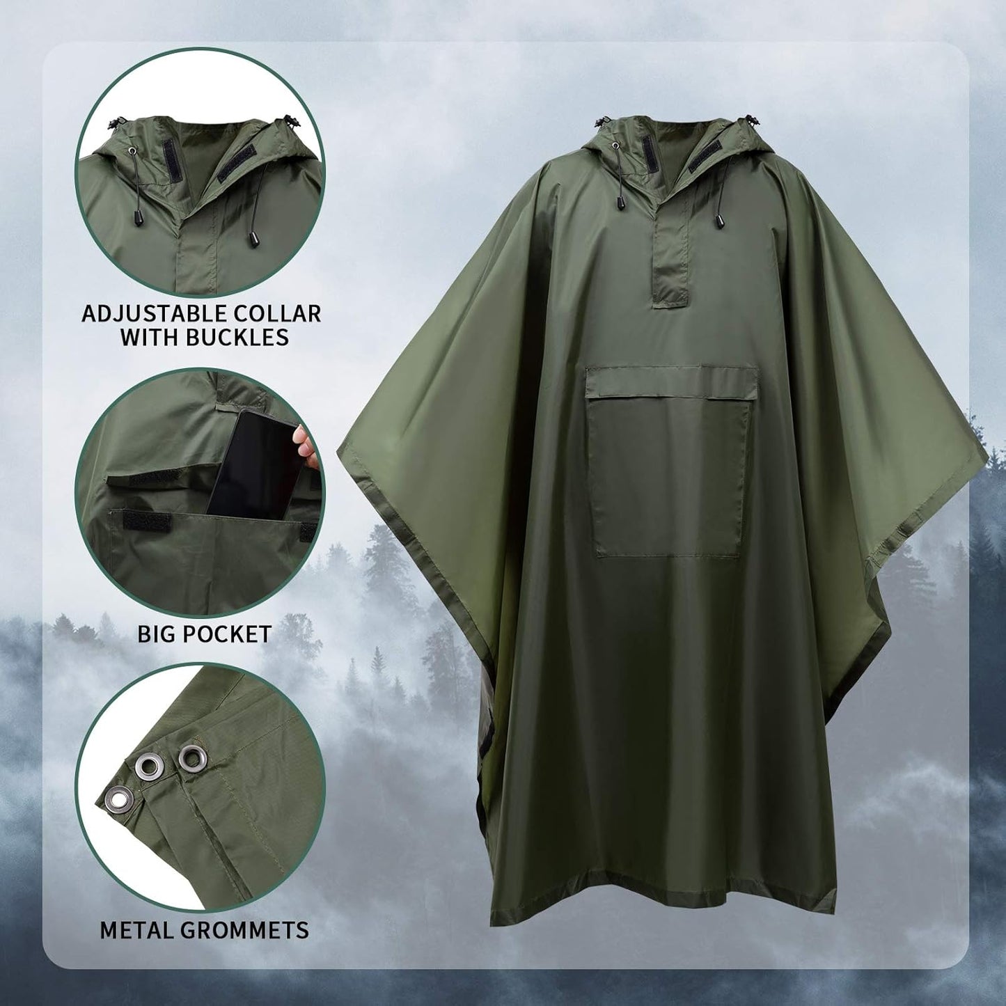 Rain poncho, 3-in-1 multifunctional rain cape rain coat with Hood for camping hiking for adults, men/women