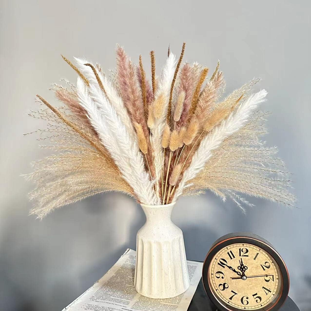 Pampas Grass Decor-5Pcs White Pampas Grass, 10Pcs Brown Pompous Grass, 10Pcs Bunny Tails, 15Pcs Reed Grass,10Pcs Yellow Flowers, Wedding Floral Arrangements Home Decorations