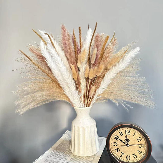 Pampas Grass Decor-5Pcs White Pampas Grass, 10Pcs Brown Pompous Grass, 10Pcs Bunny Tails, 15Pcs Reed Grass,10Pcs Yellow Flowers, Wedding Floral Arrangements Home Decorations