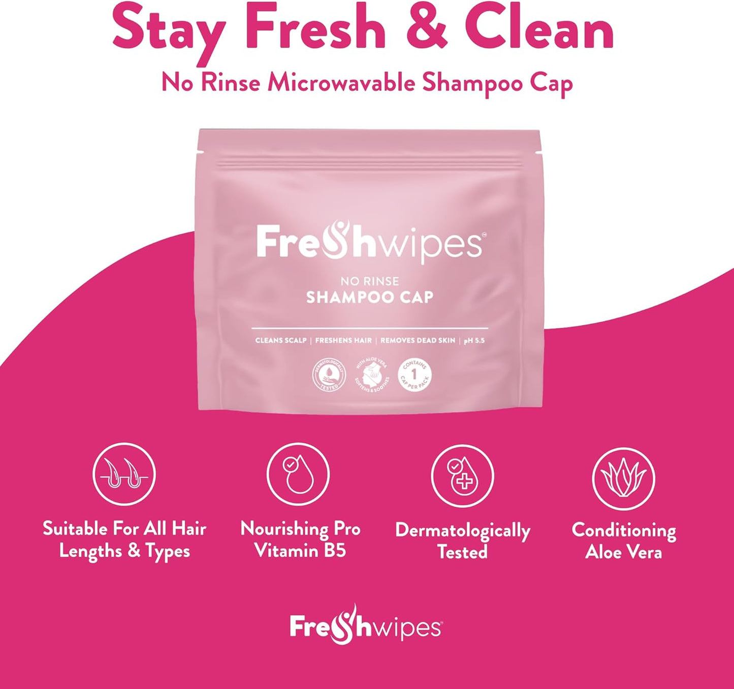 Shampoo Cap Pack of 5 - No Rinse for Elderly or Disabled - Cleanses & Conditions With Aloe Vera & Pro Vitamin B5 - For No Shower Access, Camping & Festival Use - Dermatologically Tested