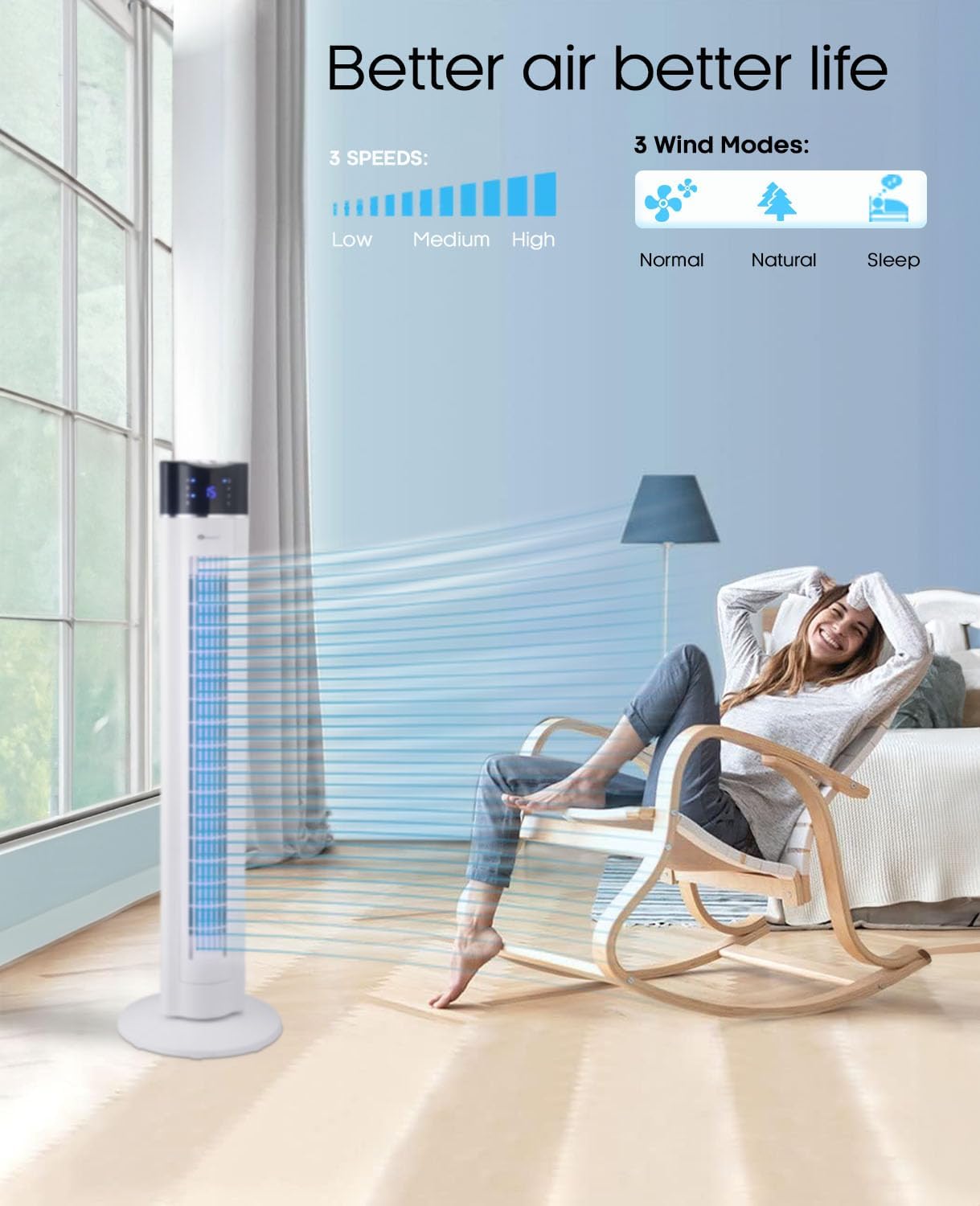 43-inch Tower Fan with Air Purifier & Aroma Function, 3 Speed Settings, Large LED Display, 8-Hour Timer, Oscillating Portable Electric Floor Fan for Bedroom, Home & Office