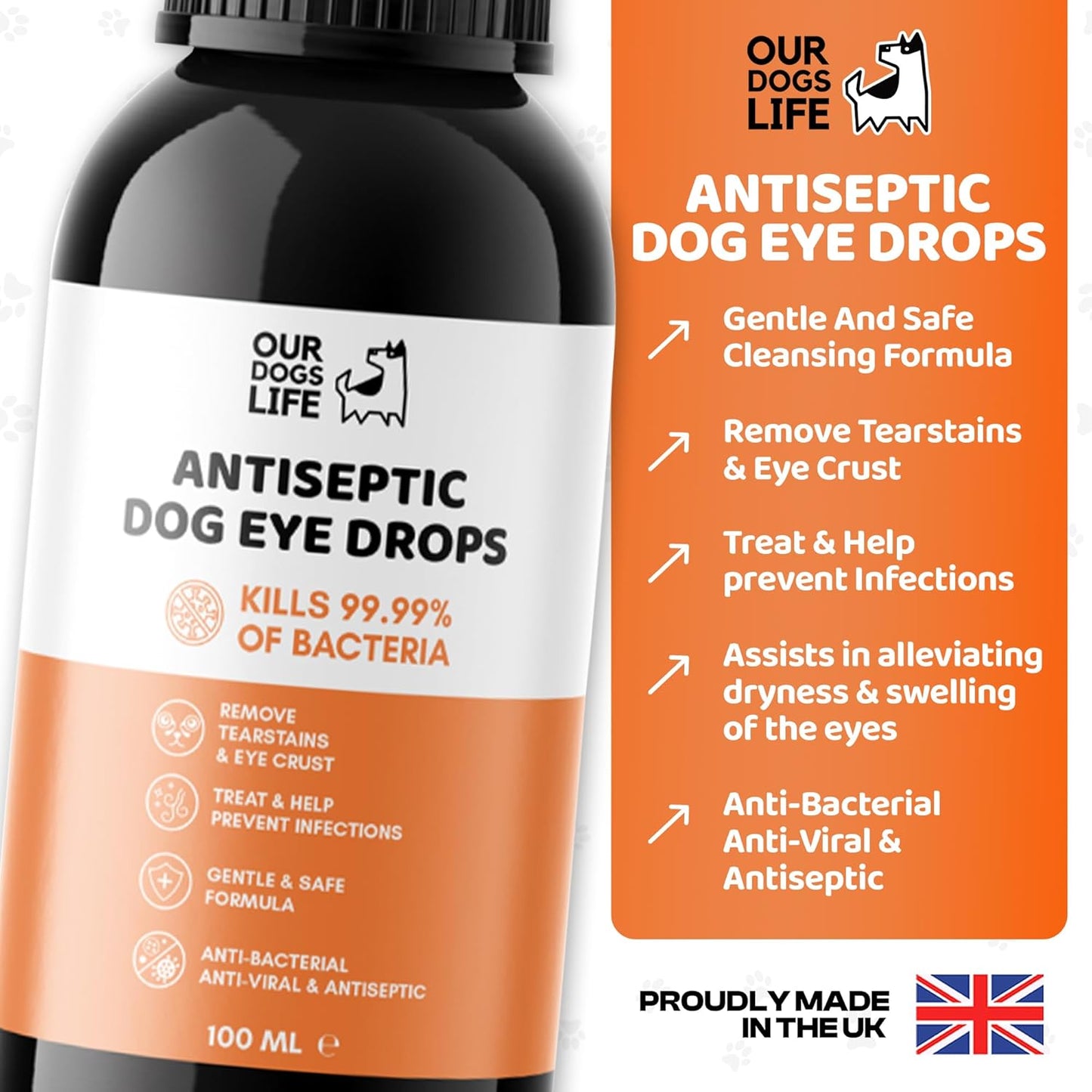 Antiseptic Dog Eye Drops - Tear Stain & Eye Crust Remover, Non-Irritating and Natural Eye Cleaning Solution for Dogs, Infection Prevention - Eye Drops for Dogs 100ml