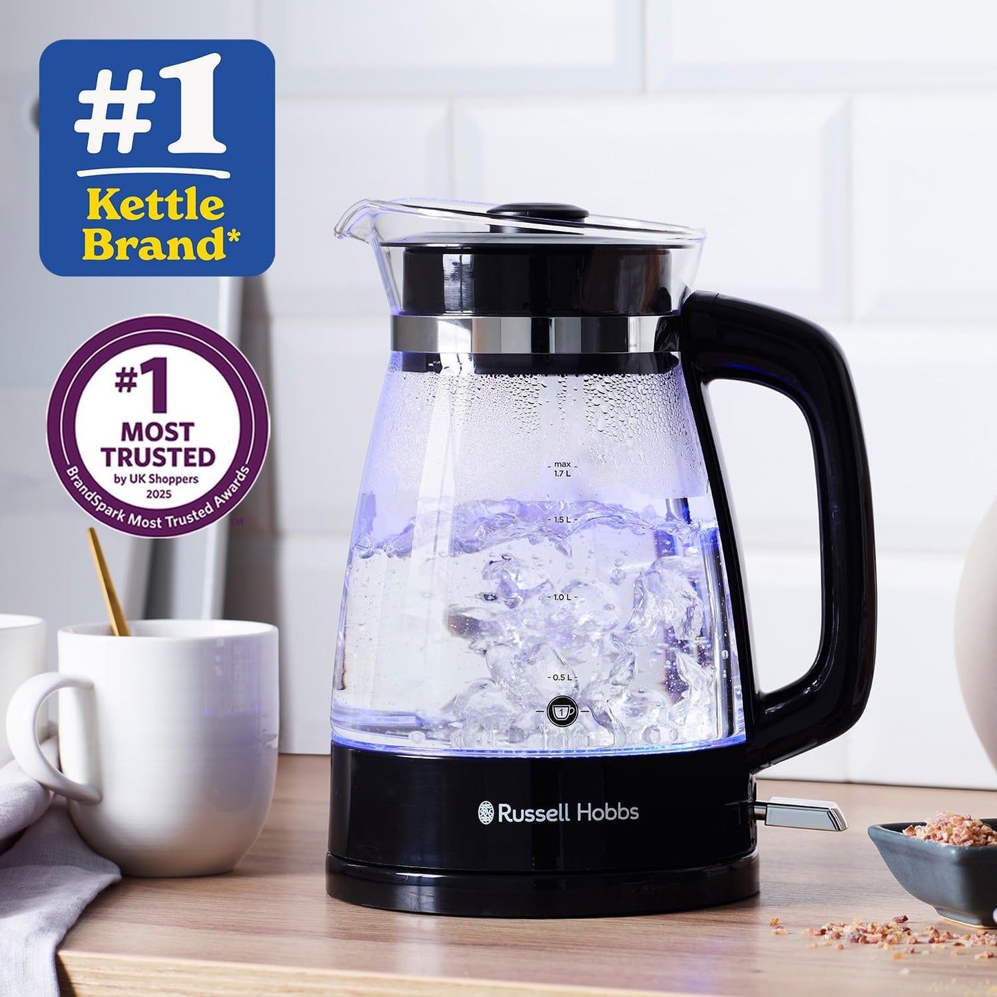 Carafe Style 1.7L Cordless Electric Glass Kettle with black handle, lid & base and blue internal illumination