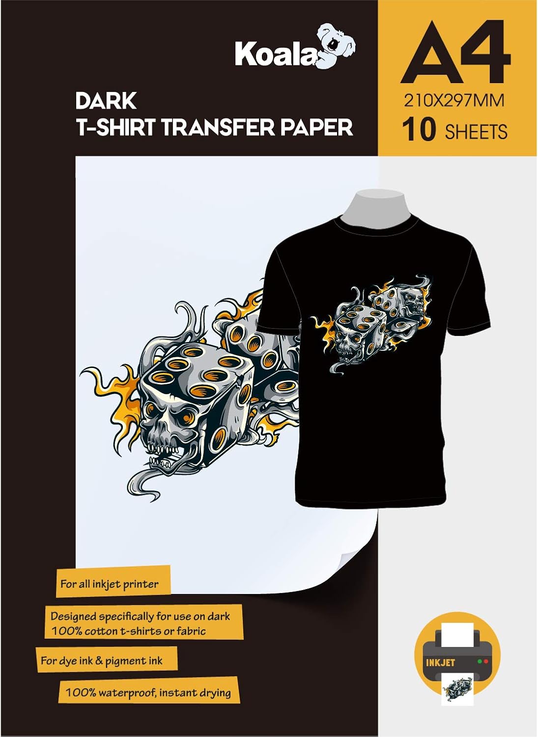 Premium Inkjet Iron On T Shirt Transfer Paper for Black and Dark Fabrics, A3. Vivid, Long-lasting Images. Easy to Use