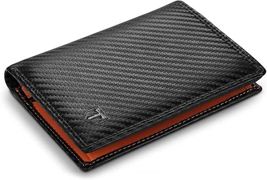 TEEHON® Wallets RFID Blocking Carbon Fibre Leather Mens Wallets with Zip Coin Pocket, 11 Card Holders, 2 ID Windows, 2 Banknote Compartments, Trifold Vertical, Black Orange