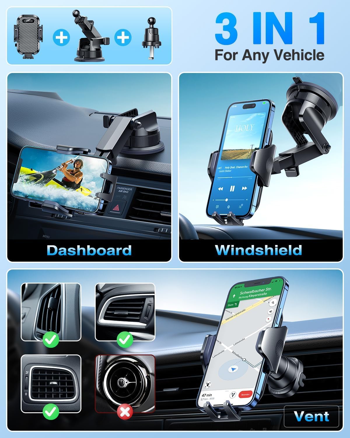 Car Phone Holder with Rotate Lock and Strong Suction Cup - Dashboard Windscreen Vent Mount Universal Cradle