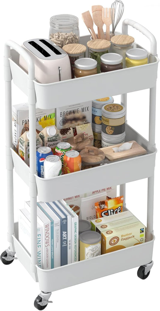 3-tier Storage Rack on Wheels, Kitchen & Office Utility Cart, Rolling Rack for Bedroom & Bathroom, White