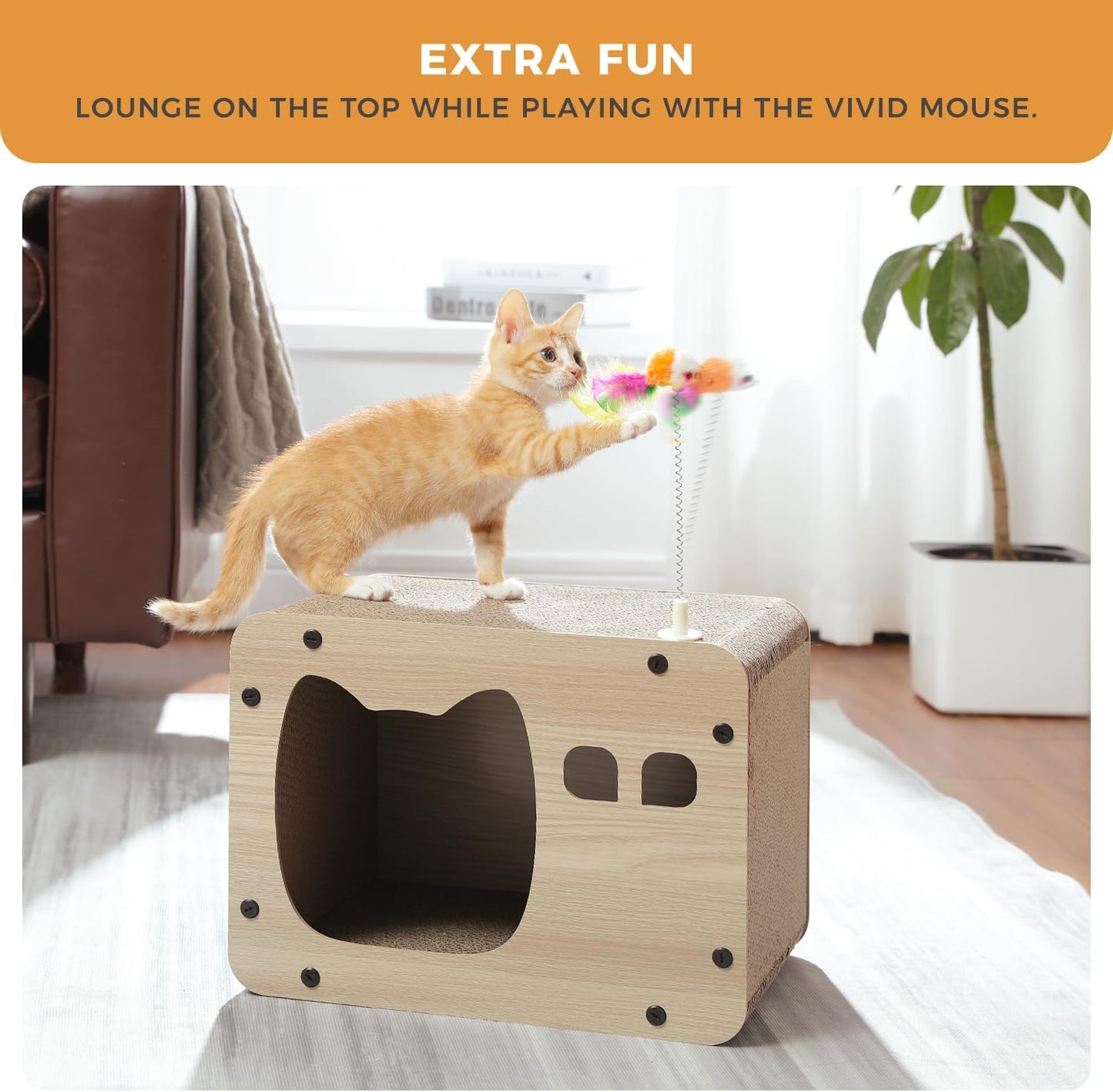 Cat Scratching Post Cat Cardboard House Cat Scratcher Board Cardboard Corrugated 2 in 1 All Sided Use Scratching Pad with Spring Mouse Toy
