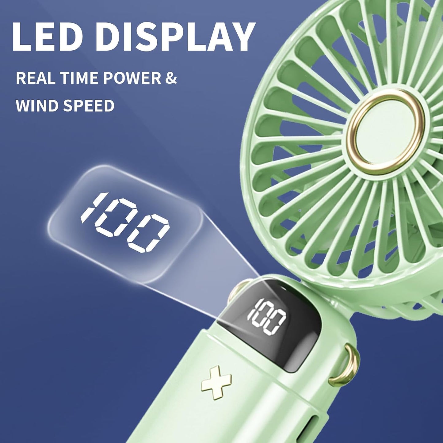 Portable Handheld Rechargeable Mini Fan with USB Battery, Foldable Desk Fan, 5 Speeds LED Display