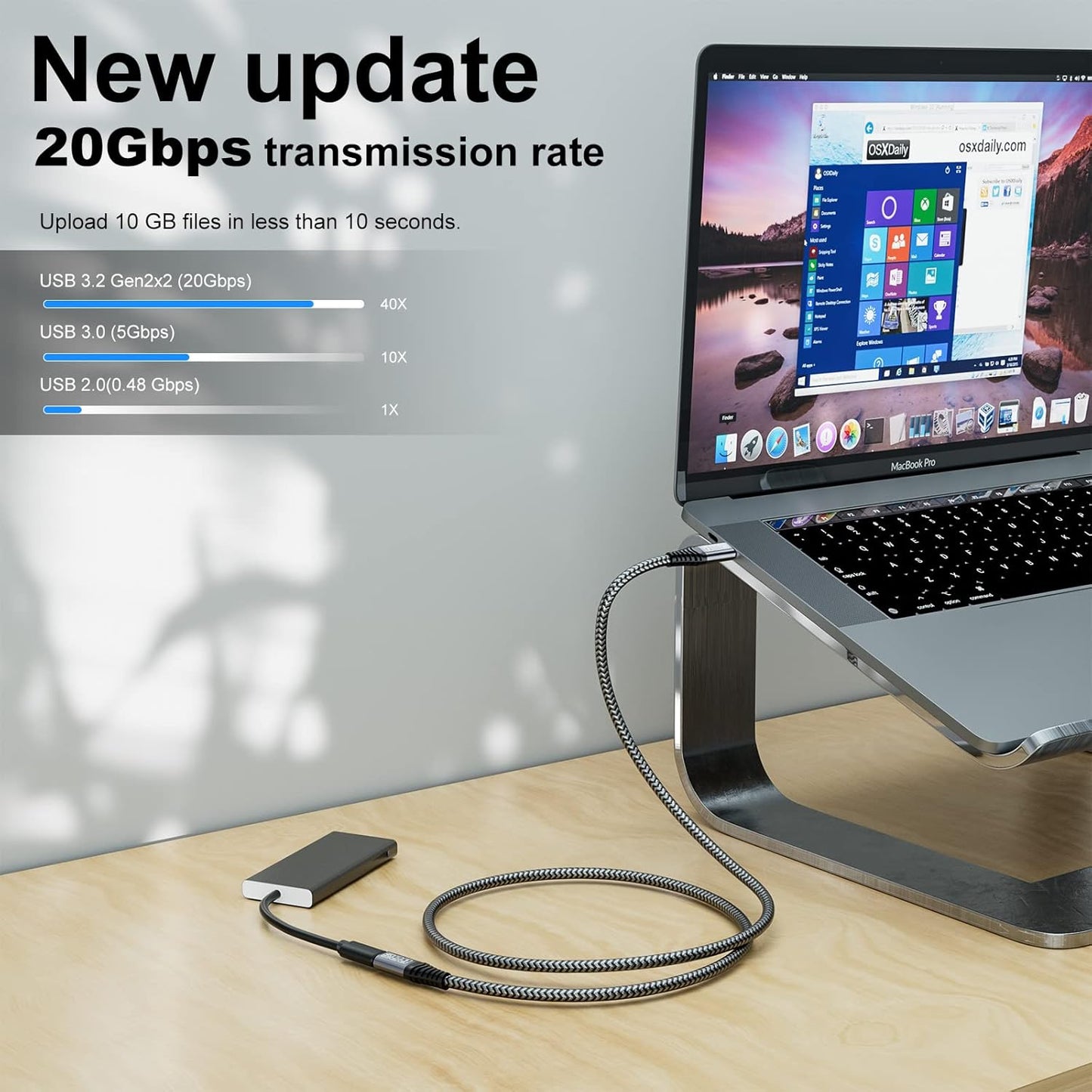 USB-C 3.2 Extender Cable 20Gbps Data Transfer with 100W Fast Charging