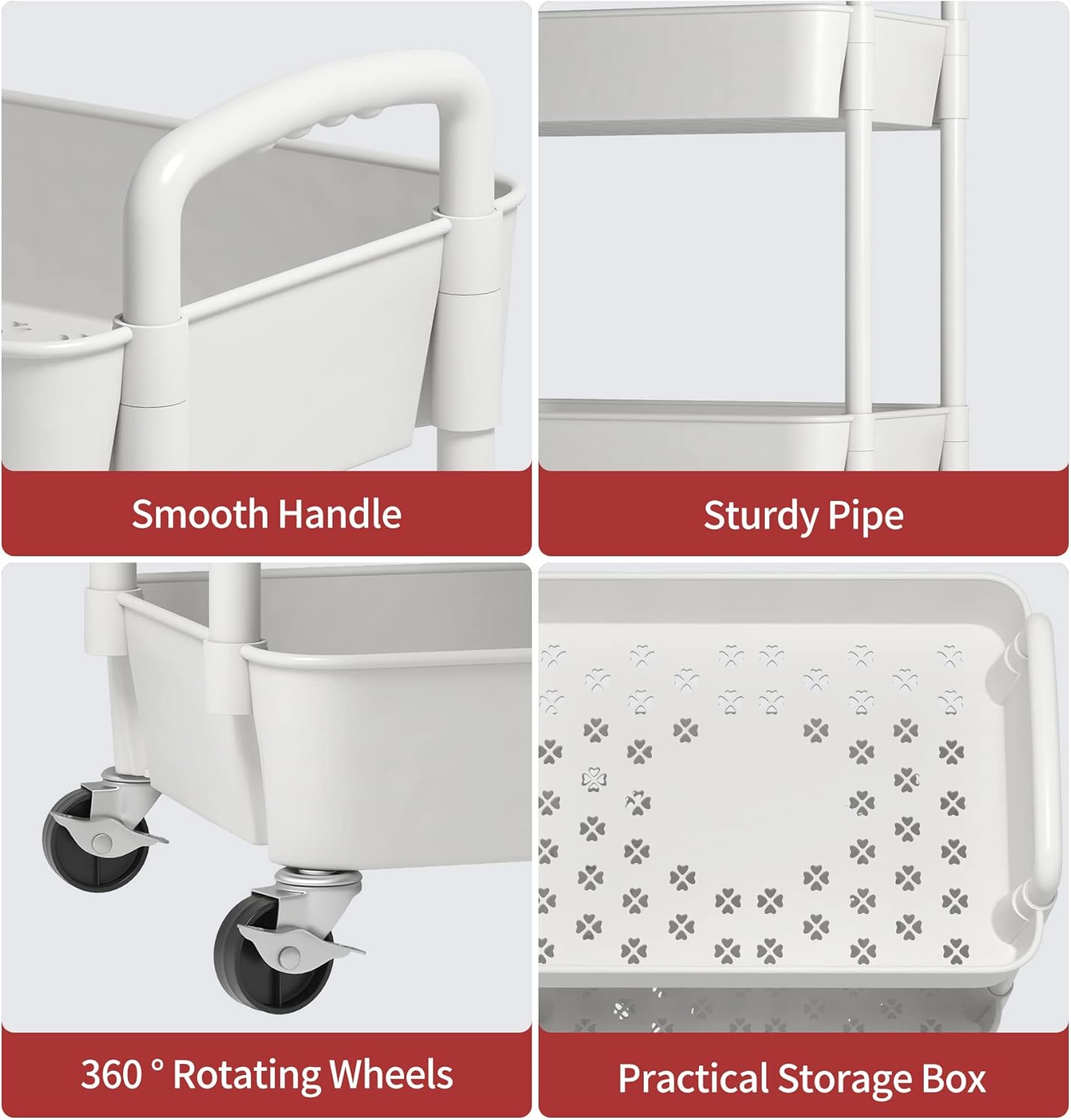 3-tier Storage Rack on Wheels, Kitchen & Office Utility Cart, Rolling Rack for Bedroom & Bathroom, White