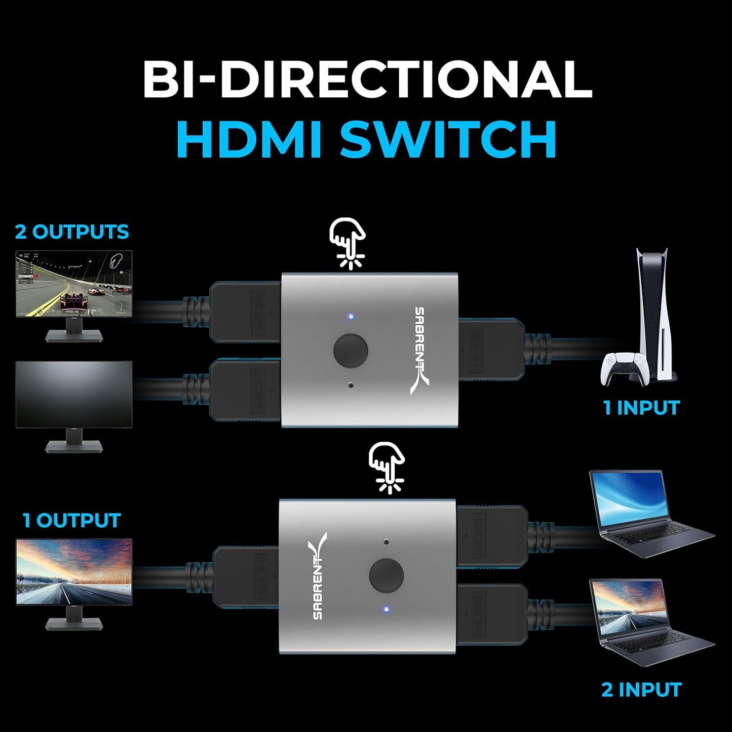 HDMI Switch 2 in 1 Out 4K 60Hz, Bi-Directional Aluminium HDMI Switcher, Plug-and-Play Manual Selector for TV PS5 PC (DA-HSW2)