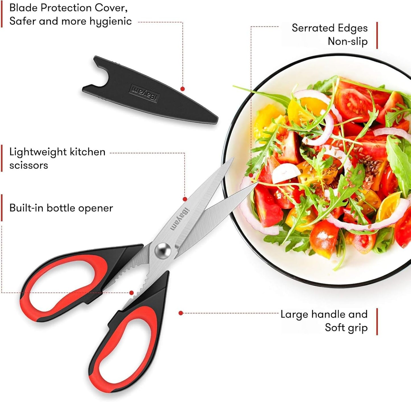 Kitchen Shears, 2-Pack Kitchen Scissors Heavy Duty Meat Scissors, Dishwasher Safe Cooking Scissors, Multipurpose Stainless Steel Sharp Utility Food Scissors for Chicken (Red,Black,Grey),(02)