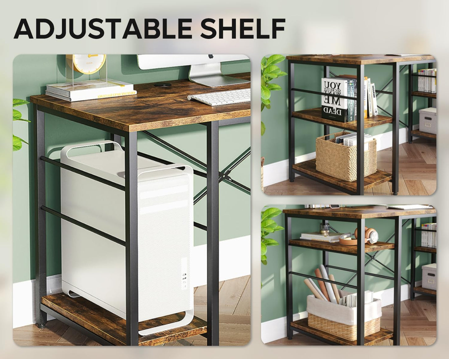 Reversible L Shaped Industrial Corner Desk with Shelves and Cable Holes