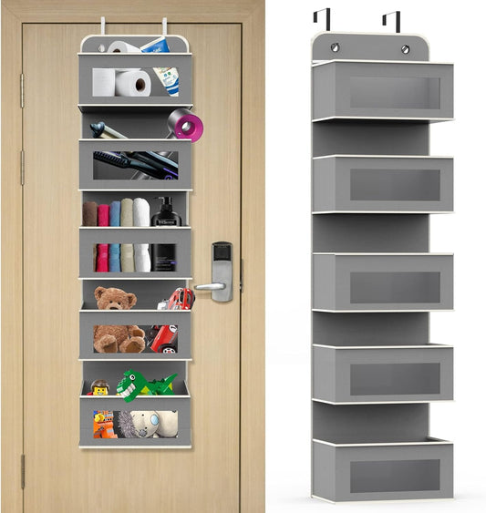 Over Door Storage Hanging Organiser - 5 Clear Window Pockets Organizer For Toys, Wallets And Towels, Grey