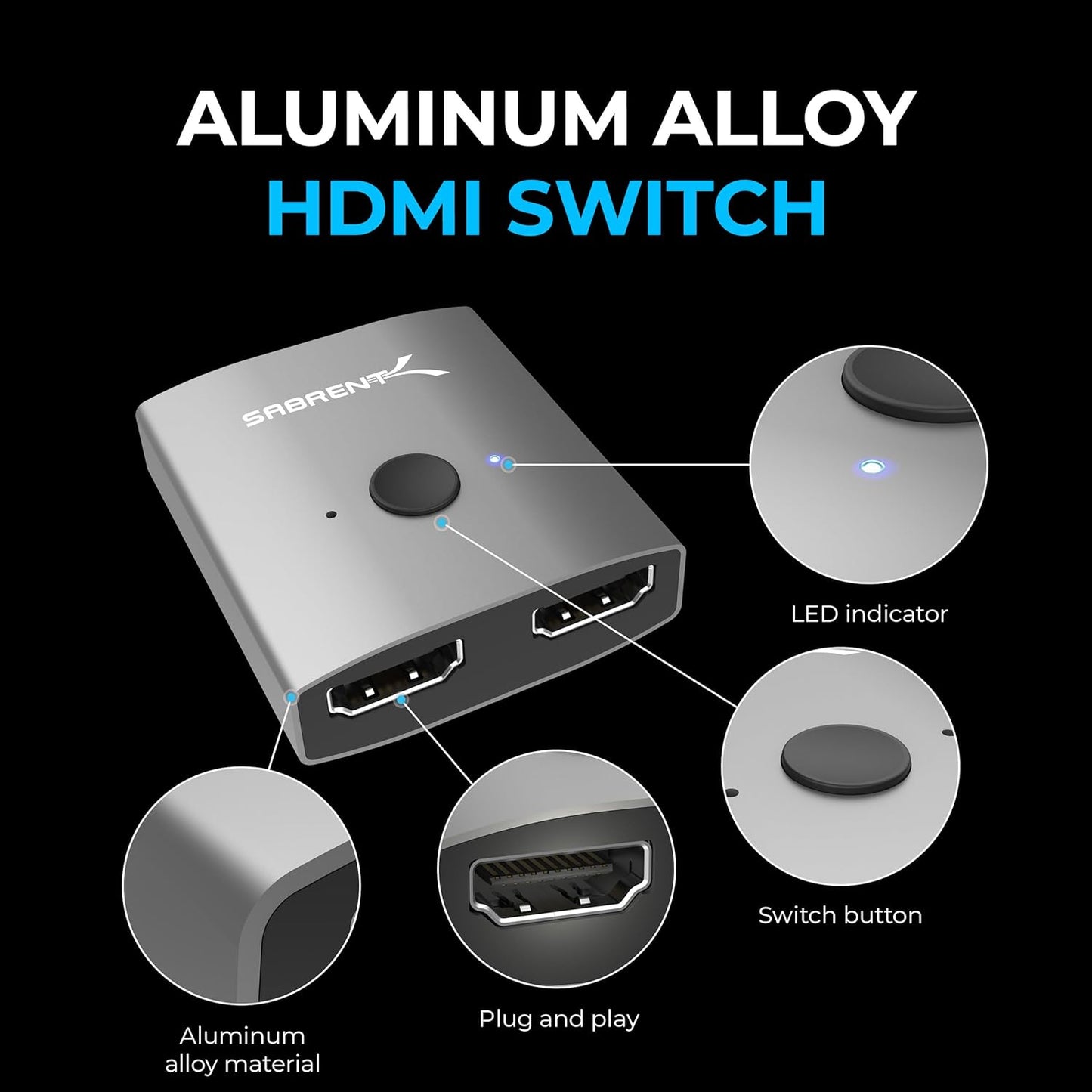 HDMI Switch 2 in 1 Out 4K 60Hz, Bi-Directional Aluminium HDMI Switcher, Plug-and-Play Manual Selector for TV PS5 PC (DA-HSW2)