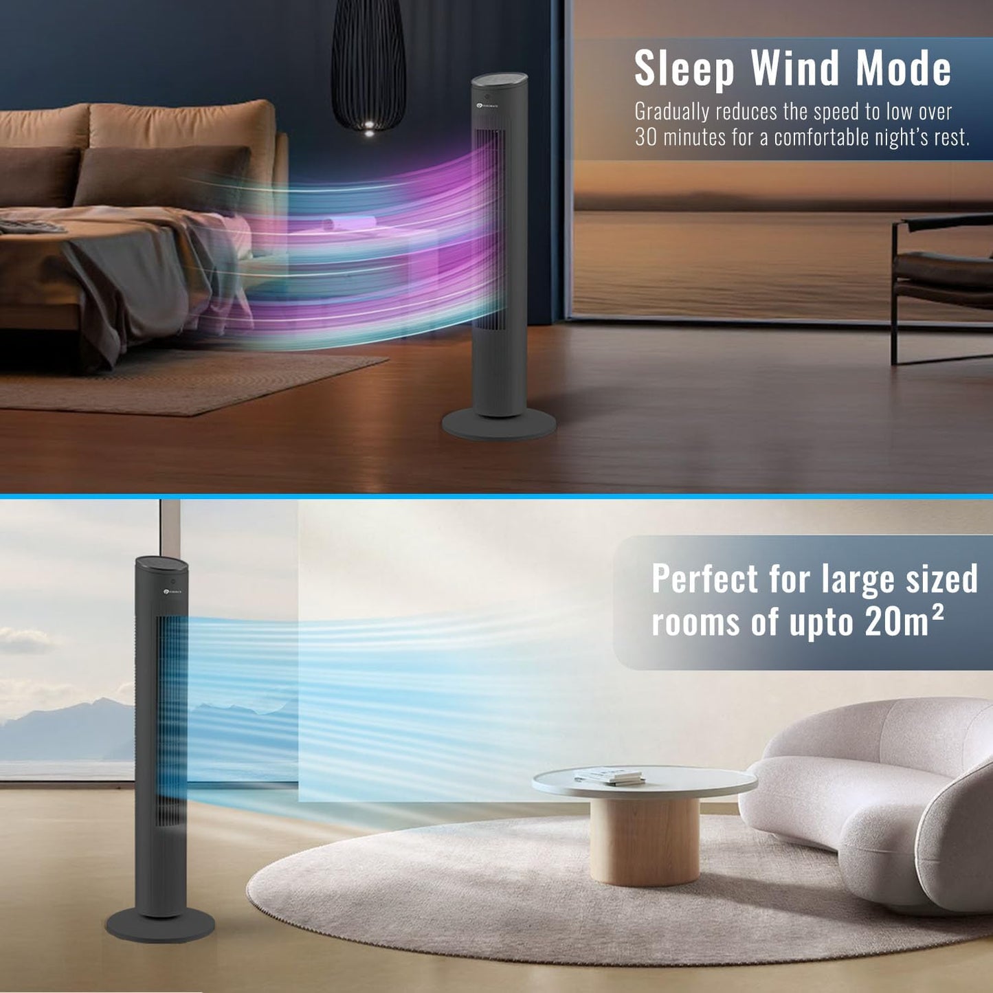 PureMate 43-inch Tower Fan, Oscillating Floor Fan with Remote Control, 3 Speeds Setting, LED Display, 7-Hour Timer, Powerful 40W Electric Standing Fan, Portable Quiet & Ideal for Bedroom