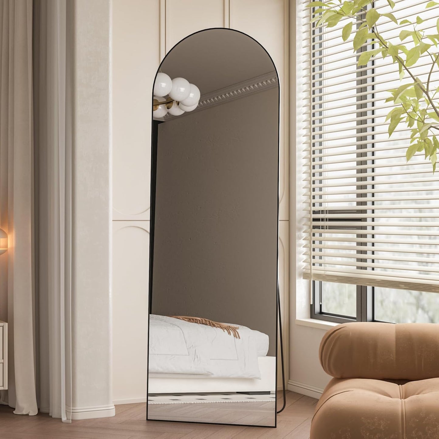 146x44cm Arched Floor Mirror, Full length Standing Mirror with Aluminum Frame, Hanging or Leaning, for Bedroom Living Room, Black