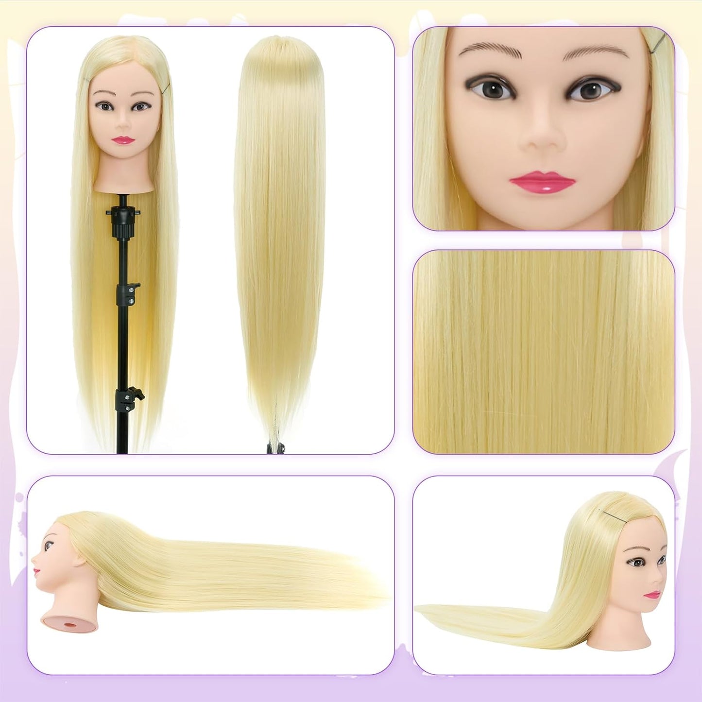 Synthetic Fiber Hair Training Head Hairdressing Practice Mannequin Manikin with Clamp + Hair Styling Braid Accessoires Set