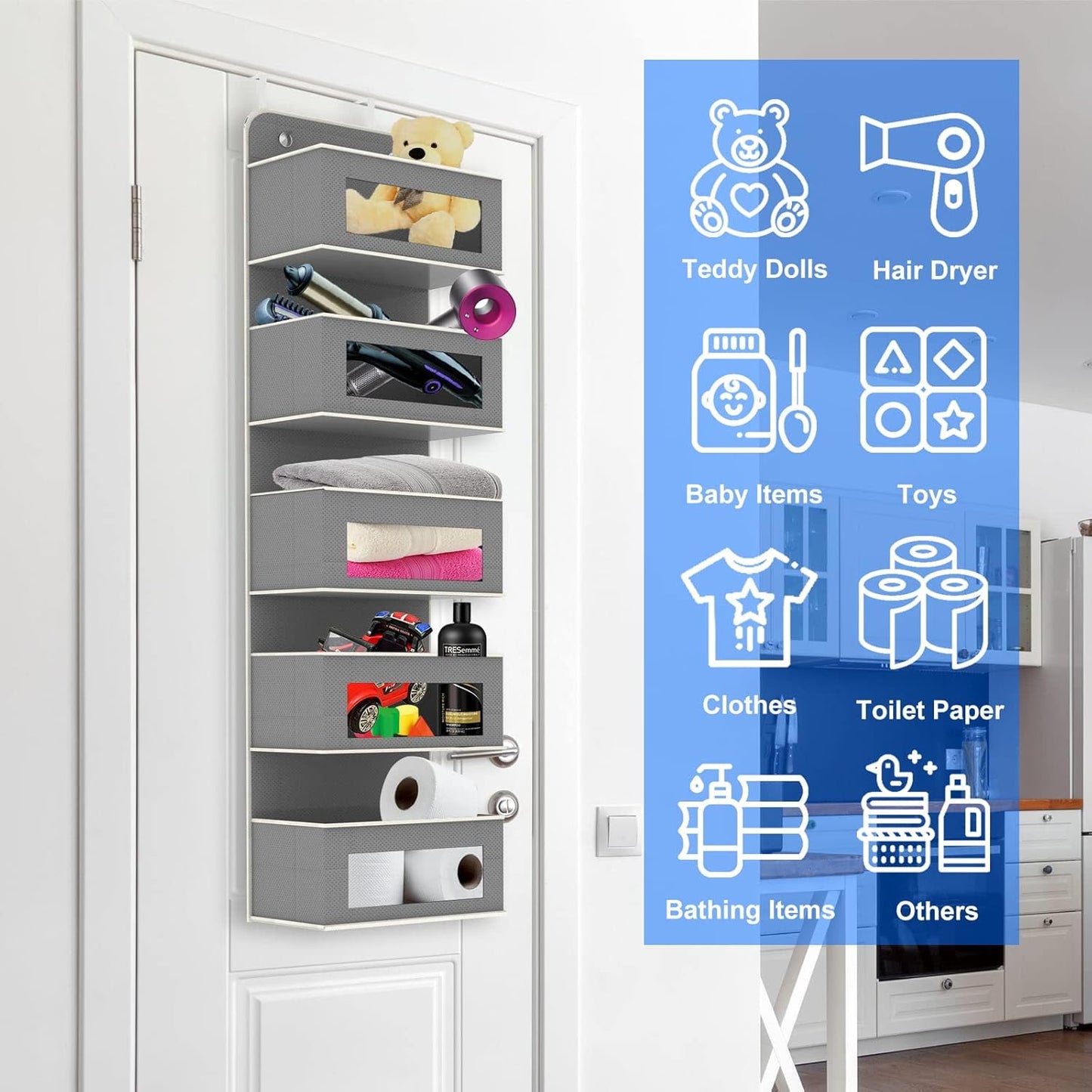 Over Door Storage Hanging Organiser - 5 Clear Window Pockets Organizer For Toys, Wallets And Towels, Grey